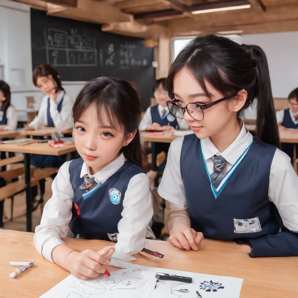 Depict a bright classroom,Full of technology atmosphere。Students in the classroom can use VR glasses for virtual reality learning,They can explore a variety of scenarios and knowledge in an immersive way。ao mesmo tempo,There are also students drawing cartoon characters,Show their creativity and artistic talent。Teachers are teaching students how to take pictures with their cameras,Develop their photography skills。Still others draw with brushes,Express your thoughts and feelings。ao mesmo tempo,There are also students exploring the inside of the classroom,Discover new knowledge and discoveries。There are even students operating drones to measure,Demonstrate the application and innovation of technology。The entire illustration can be laid out vertically,to highlight the faces and expressions of the characters,It gives people a feeling of closeness and authenticity。This illustration is suitable for commercial use,Can be used for education-related advertising、promotional materials, etc,Show the technology and innovation of modern education。ao mesmo tempo,Well-portrayed character faces can also bring a better visual experience to the audience。