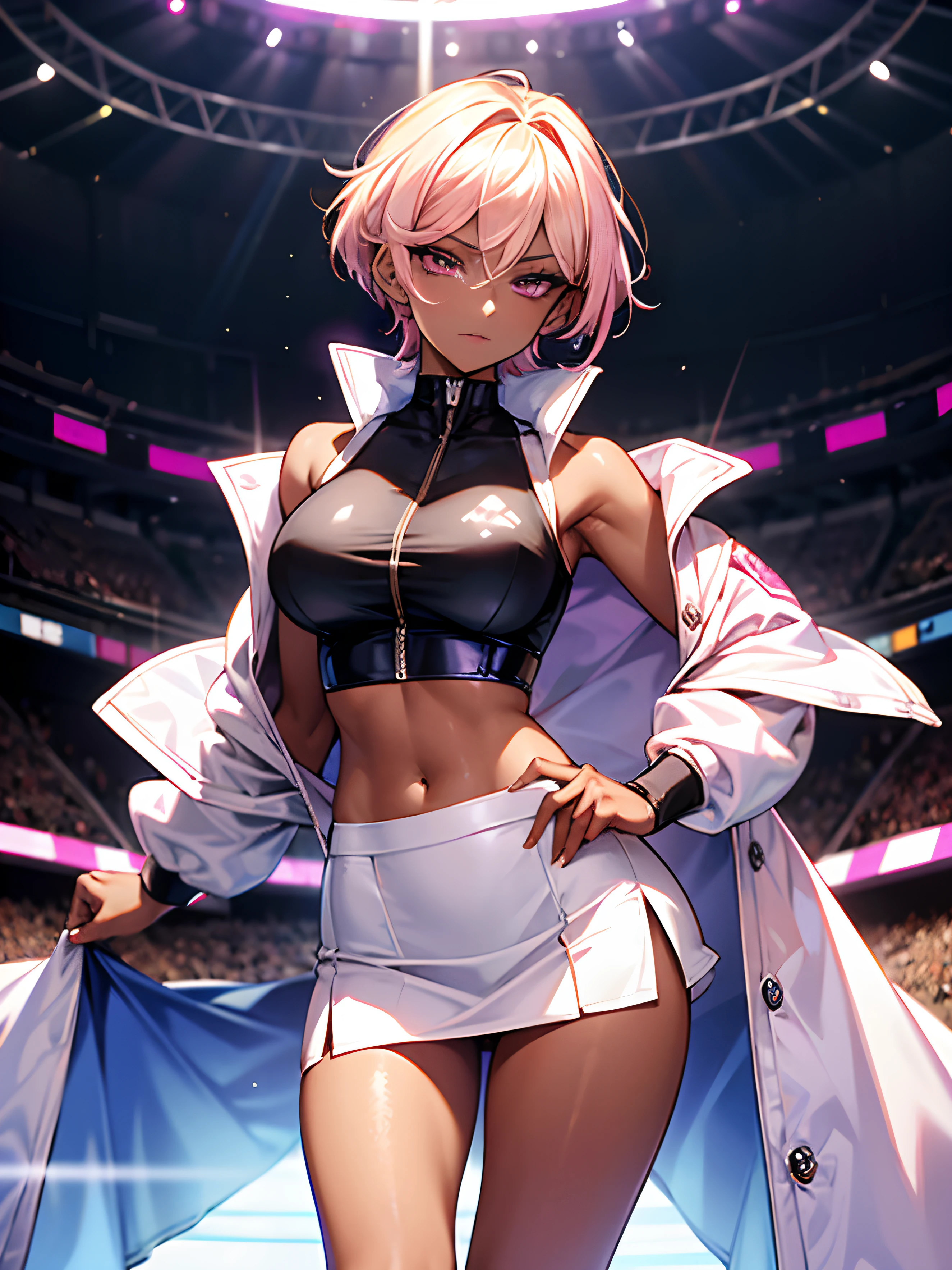 Previous Open Racing Jacket、tight outfit, close up of face, thighs thighs thighs thighs, Delicate girl, Violet crop top, Sleeveless, Violet skirt, Shiny skin, Looking at Viewer, Teen, Pixie Short Hairstyles, Cream yellow hair, shorth hair, long lashes、eyeshadows(digital anime:0.8), (Edge lighting, highest details, ighly detailed, ultra-detailliert, finely detail:0.8), [:Detailed face and eyes:10], (Lesh pink eyes:1.2), cosplayer, Random Posing, Race Queen、Uniform with logo、 Exquisite beauty、Beautiful face, Body shape of slim model, Beautiful breasts, shiny, beauty legs、wet shiny body, (((Dark brown skin beauty))), neons、Large crowds、audience、Aurora Vision、Huge stadium、Drag racing、Racing Circuit、racing car、Lower grade、Large crowds、Spectators、audience、Spectators、Large crowds、Camera Flash、Laser beam、