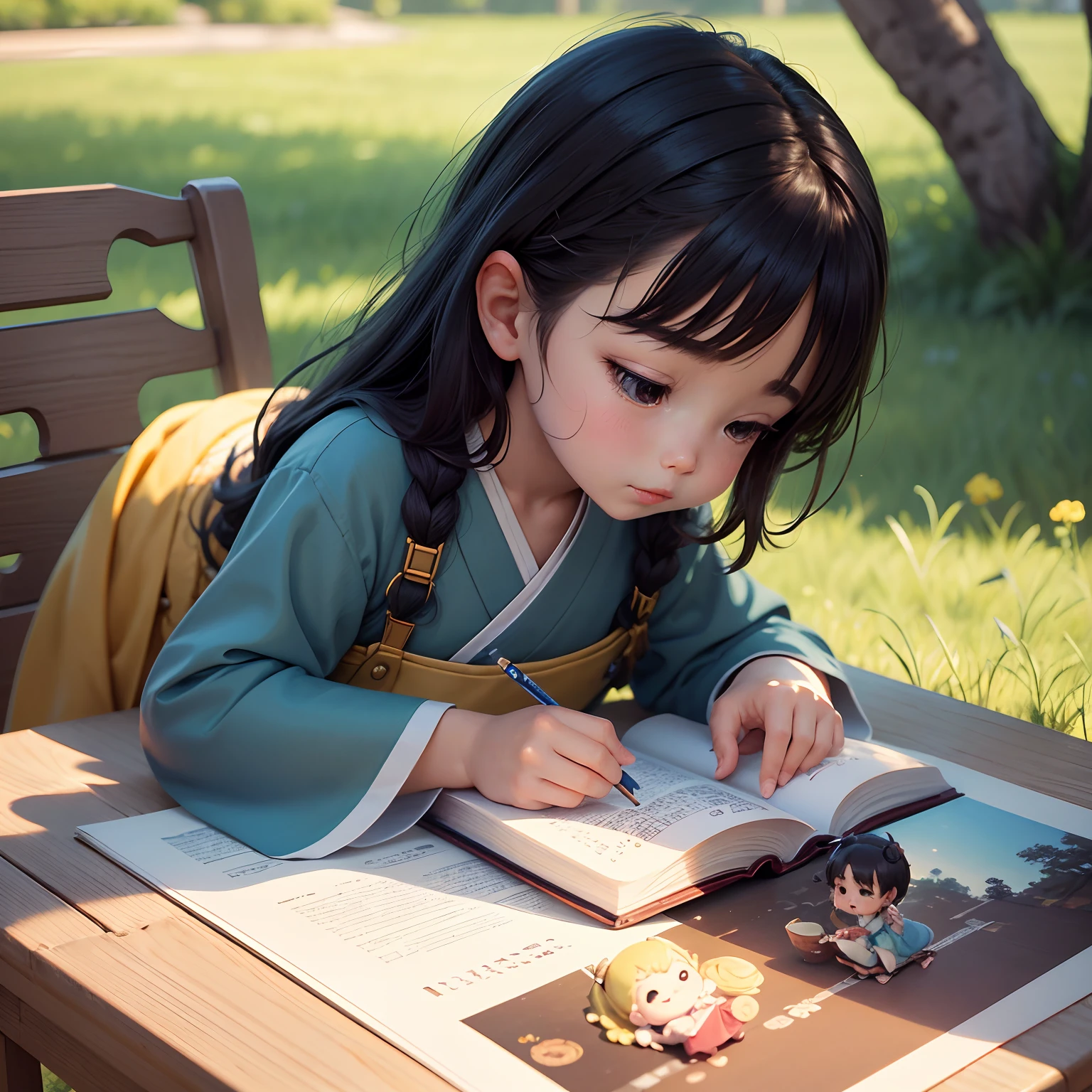 masterwork 。.3D ,Close-up of a child reading a book on a table, lovely digital painting, Cute detailed digital art, adorable digital art, Cute cartoon character, Realistic cute girl painting, cute detailed artwork, Beautiful character painting,digital cartoon painting art, Cute cartoon,A girl in Hanfu
