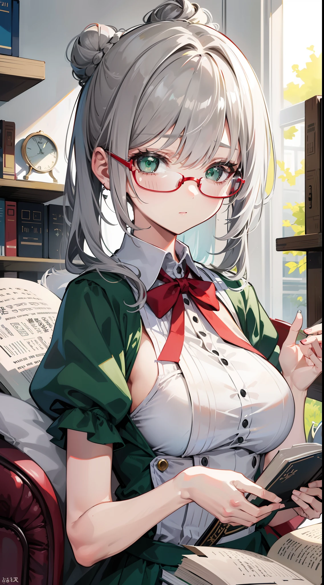 young girl, Gray hair in one bun, Green eyes, red glasses, Green Science Dress, White Elements, Sleeveless, open breasts, book, Masterpiece, hiquality, high detail, HD, 4k