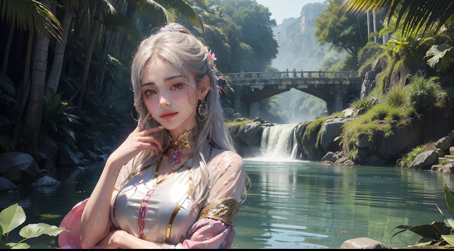 (realisitic,Photorealsitic:1.4),(1 Beauty:1.3),(beautiful countenance:1.5),Detailed shiny skin,A detailed eye,Precise hands and fingers,8K HDR, , ​masterpiece, (Dynamic angle footage),电影灯光, Finely drawn backgrounds,(jungles,South American tribal style costume,In nature,Women of Physical Beauty,Skin shiny with sweat,omatsuri:1.2),Beautiful Indian,Sally Blouse,Silver hair,choker necklace,Cambodian Encore,Under the bridge,Smile gently,stick out your tongue