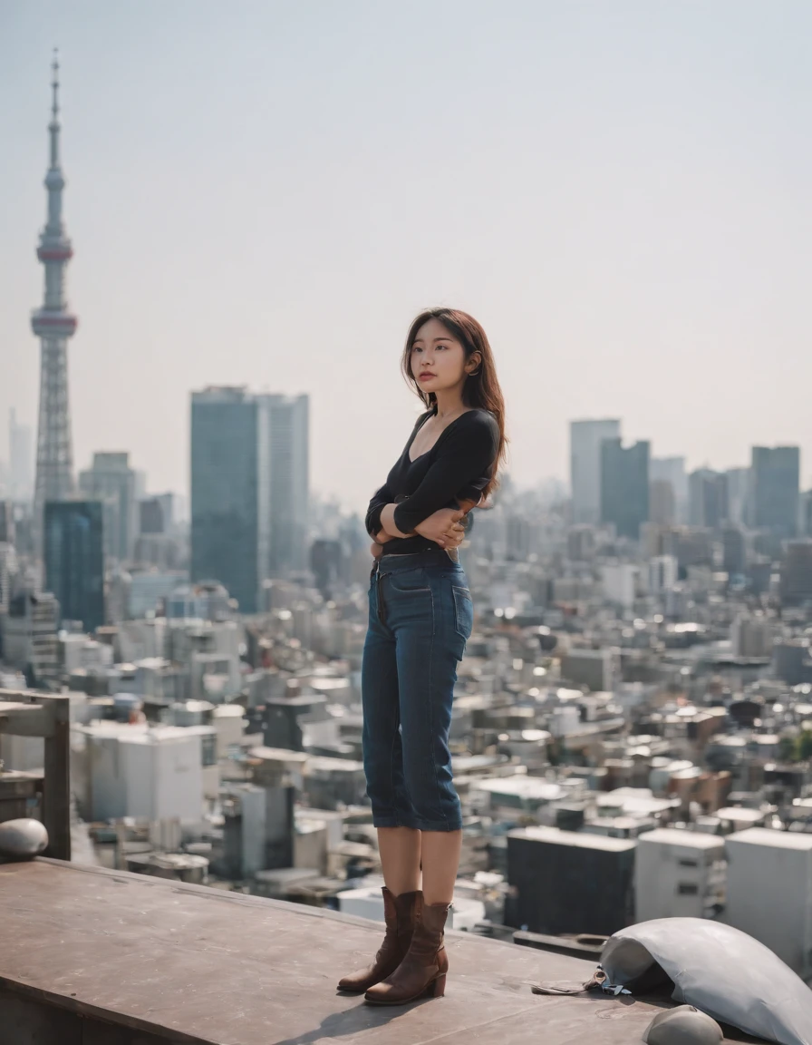 Tokyo,1girl,Balancing on a rooftop ledge, she gazes at the city skyline, a sense of freedom in her heart,cowboy shot, in Tokyo,