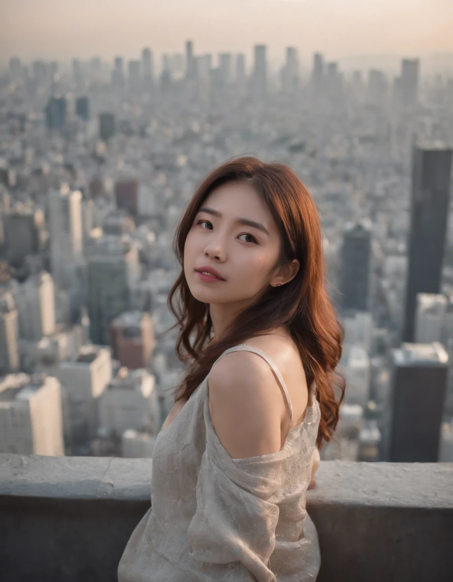 Tokyo,1girl,Balancing on a rooftop ledge, she gazes at the city skyline, a sense of freedom in her heart,cowboy shot, in Tokyo,