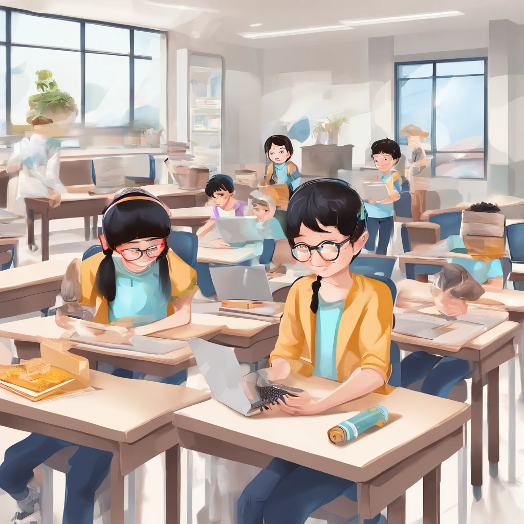 Depict a bright classroom，Full of technology atmosphere。Students in the classroom can use VR glasses for virtual reality learning，They can explore a variety of scenarios and knowledge in an immersive way。ao mesmo tempo，There are also students drawing cartoon characters，Show their creativity and artistic talent。Teachers are teaching students how to take pictures with their cameras，Develop their photography skills。Still others draw with brushes，Express your thoughts and feelings。ao mesmo tempo，There are also students exploring the inside of the classroom，Discover new knowledge and discoveries。There are even students operating drones to measure，Demonstrate the application and innovation of technology。The entire illustration can be laid out vertically，to highlight the faces and expressions of the characters，It gives people a feeling of closeness and authenticity。This illustration is suitable for commercial use，Can be used for education-related advertising、promotional materials, etc，Show the technology and innovation of modern education。ao mesmo tempo，Well-portrayed character faces can also bring a better visual experience to the audience。