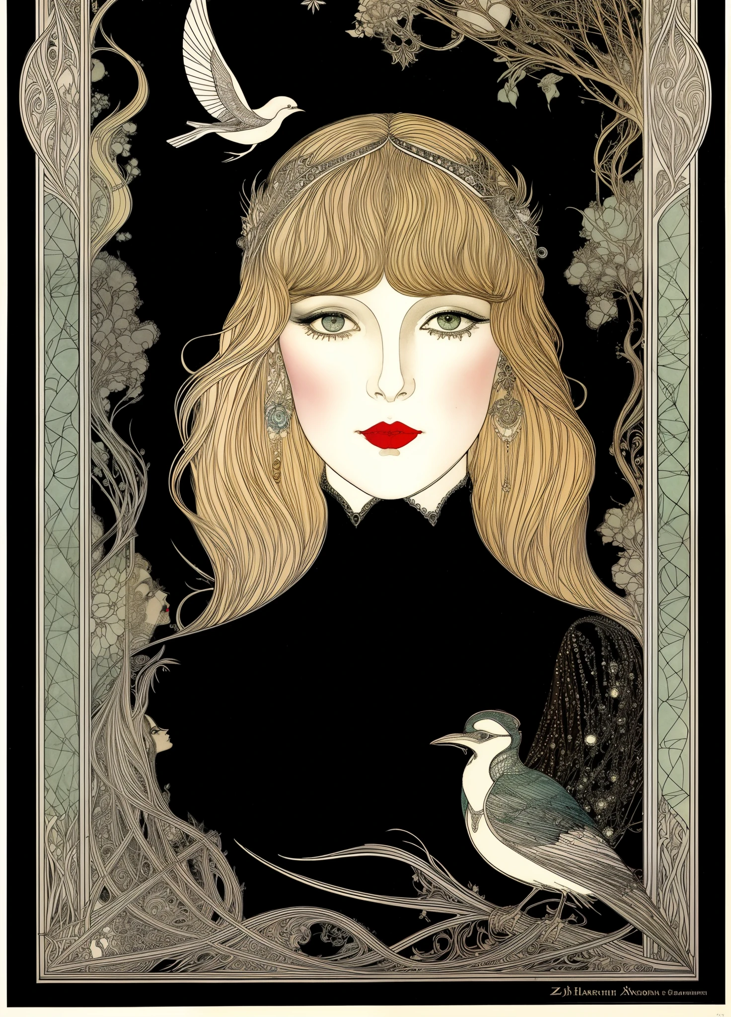 there is a drawing of a woman and a bird on a black background, harry clarke artwork, by Harry Clarke, inspired by Harry Clarke, beardsley, kay nielsen and wadim kashin, inspired by Kay Nielsen, style of carlos schwabe, oz, right side composition, arthur rackham and milo manara, by Aubrey Beardsley, marjorie cameron, sks woman