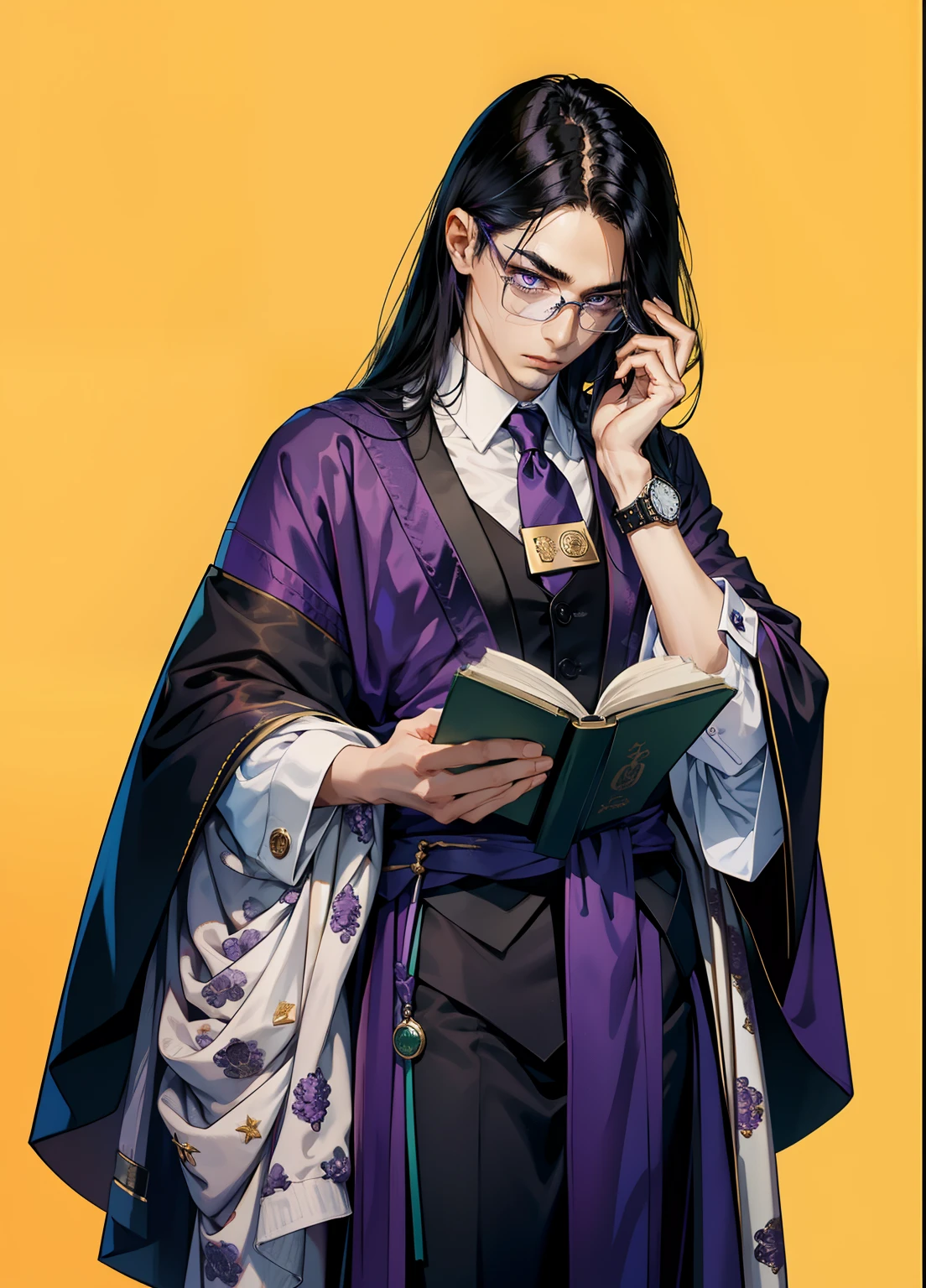mtu，Man，Male lawyer，tmasterpiece，HighestQuali，Highest image quality，delicated，A man，Man，Man，mtu，Lean employees，Slim face，worried expressions，respectable，ellegance，pan，Distinguished long purple and black hair，Danfeng Eyes，green pupills，Square frame black glasses，Hold the glasses，Wearing a watch，staring at the audience，looking at viewert，worried，Purple and black robes，Book in hand，Complex motion