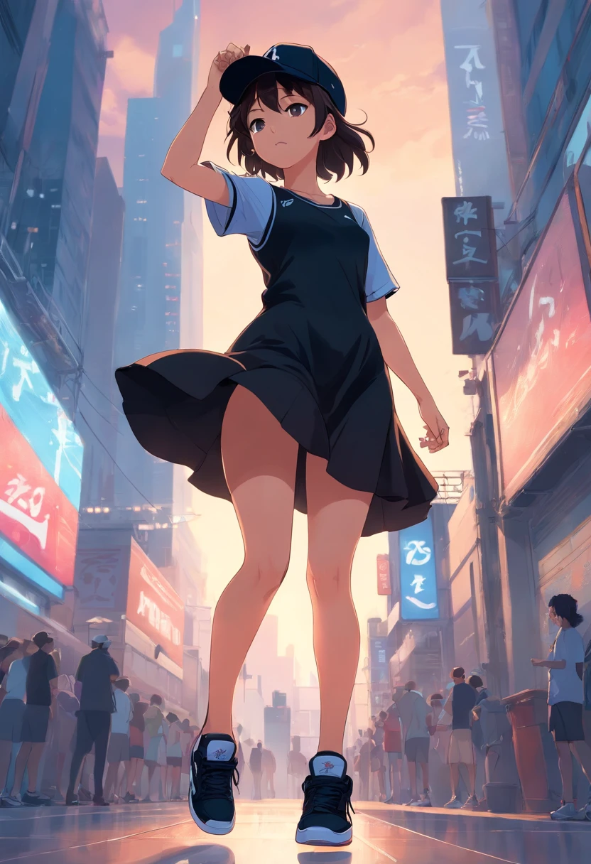1girl in tight black dress with baseball cap and with a high Air Jordan 1