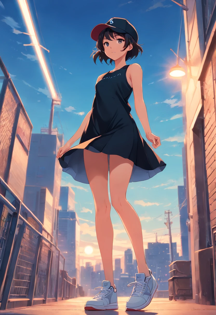 anime style, (1girl in, Solo:1.0), (Haibara Ai), ((Short pants)), (((Big eyes))), (Cute anime girl head), (flat chest),looking at viewer,With a height of 100cm, shoot from front, (head shot), Simple line minimalism, Abstract Art, City background, anime opening movie