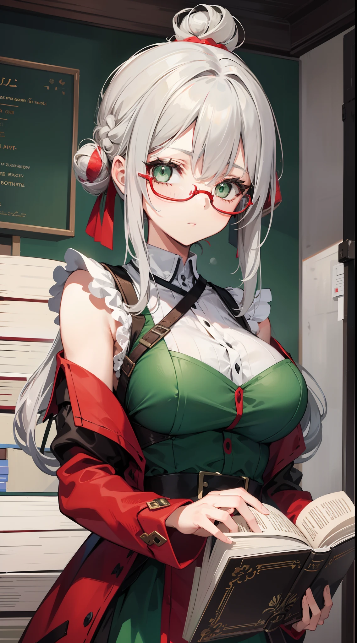 young girl, Gray hair in one bun, Green eyes, red glasses, Green Science Dress, White Elements, Sleeveless, open breasts, book, Masterpiece, hiquality, high detail, HD, 4k