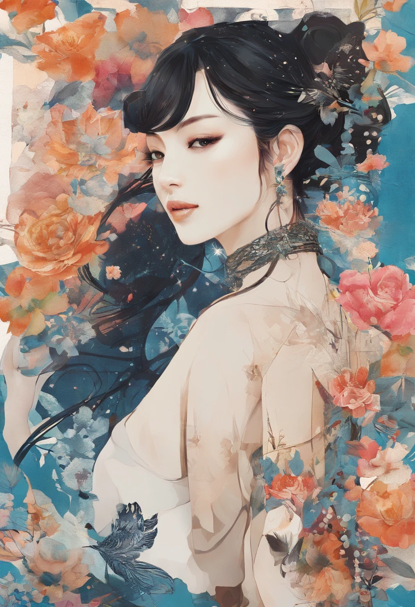 (masterpiece, top quality, best quality, official art, beautiful and aesthetic:1.2),1girl, tattoo, solo, japanese clothes, hair ornament, unsheathing, black hair, sheath, back tattoo, blue eyes, off shoulder, bare shoulders, looking back, from behind, flower, looking at viewer, holding, makeup, indoor,