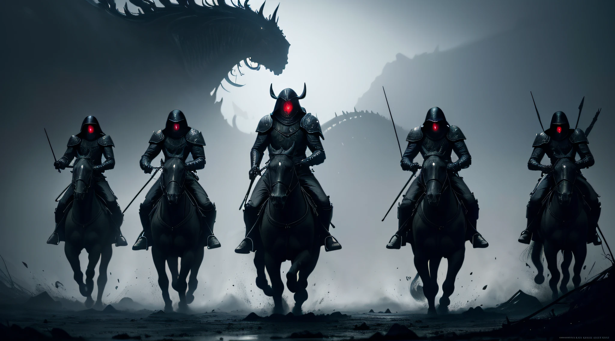 ward winning, best quality, nightmare evil Four horsemen of the apocalypse, glowing red eyes, brushstrokes and graphic design forming circular patterns, chiaroscuro, dark cosmic background, cinematic, ominous, shrouded in heavy mist, unsettling, dramatic, concept art by jeremy mann and Alexandre Cabanel and Zdzisław Beksiński