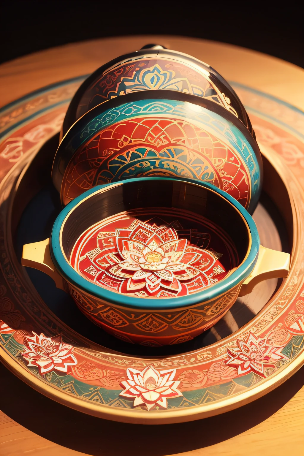 Give me a flat photo photo,,I don't want sunlight either,Graphic design,Round box,Palm size,It has a flower pattern on it, Sublime design,It's not complicated, Simple but tasteful, rich colourful, Mandala ornaments, Lotus Mandala,Colorful good-looking masterpieces,China-style,