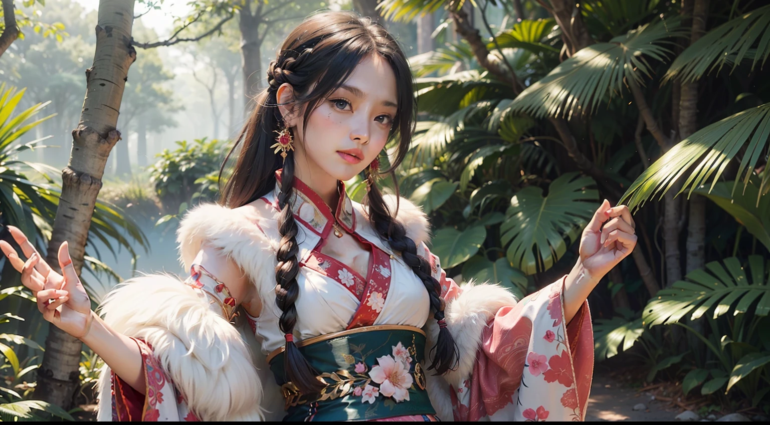 (realisitic,Photorealsitic:1.4),(1 Beauty:1.3),(beautiful countenance:1.5),Detailed shiny skin,A detailed eye,Precise hands and fingers,8K HDR, , masterpiece, (Dynamic angle footage),电影灯光, Finely drawn backgrounds,(jungles,Tribal costume,In nature,Women of Physical Beauty,omatsuri:1.2),Beautyfull asian,Winter Outfit,Mottled hair,Braids,kyoto,Multi-tenant,On the way to stand up,Fluffy breasts,