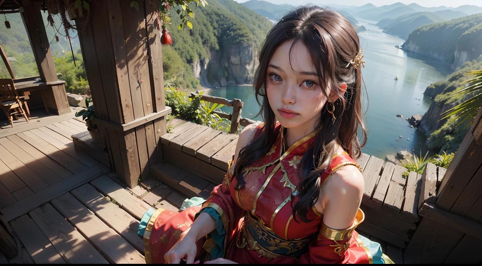 (realisitic,Photorealsitic:1.4),(1 Beauty:1.3),(beautiful countenance:1.5),Detailed shiny skin,A detailed eye,Precise hands and fingers,8K HDR, , masterpiece, (Dynamic angle footage),电影灯光, Finely drawn backgrounds,(jungles,Primitive ethnic minority style costumes,In nature,Women of Physical Beauty,Skin shiny with sweat,omatsuri:1.2),Beautiful Ukrainians,Shabby clothes,Hair with red mesh,耳Nipple Ring,Vladivostok,hotel,Playing,Composition looking down from above,