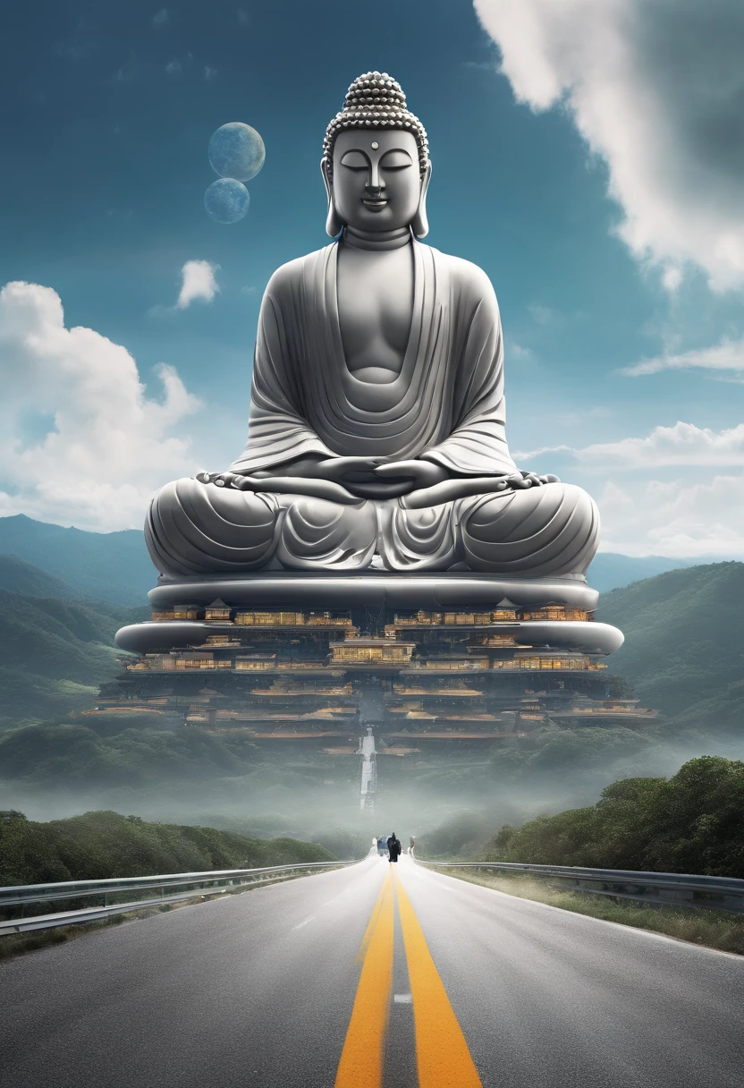 (Towering Buddha statue in the distance:1.5),(Kamiyama Background:1.2),(Pilgrims on the road:1.8)，The clouds are ethereal，in wonderland，(photo-realistic:1.4),(Best quality:1.0),(Highly concerned:1.0),8K,RAW photo,(Masterpiece:0.2),Ultra-detailed,In the distance is a huge tall Buddha statue，Pilgrims on the road