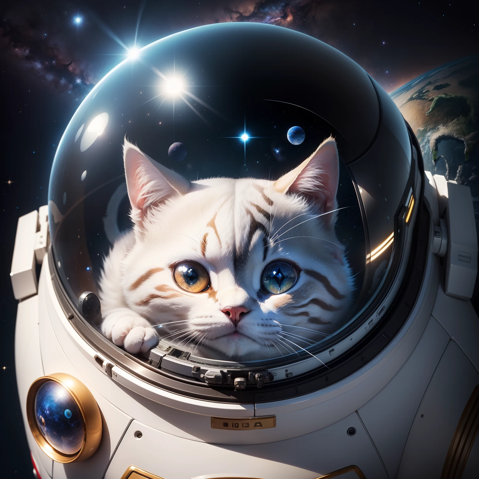 There is one cute cat doing extravehicular activities in a spacesuit The cat's face or head is covered with spherical glass The sphere is、Cat makes 1.5 times bigger、Part of the spacesuit The cat's body looks like a human man Only the face is a cat Cat's hands are wearing white gloves Lots of silver stars and rivers twinkling Glitter and seductive Universe like a jewel box You can also see the spacecraft The flag in the spacesuit is always the flag of the Japan、It is the flag of the Japan You can also see large galaxies and the Milky Way The body of a cat is 5 heads Height is 170cm