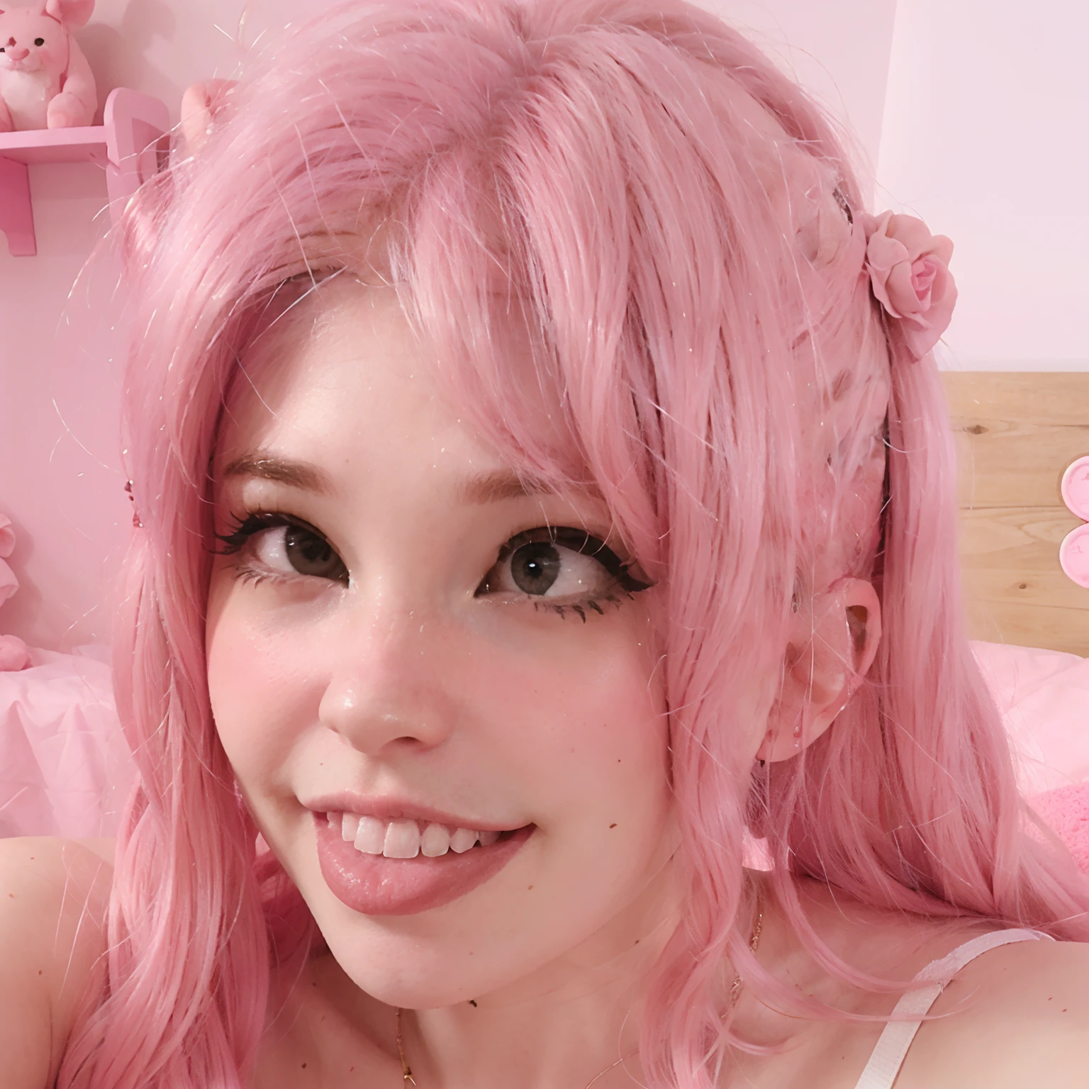 selfie of belledel, (smiling),
pink hair, ahegao