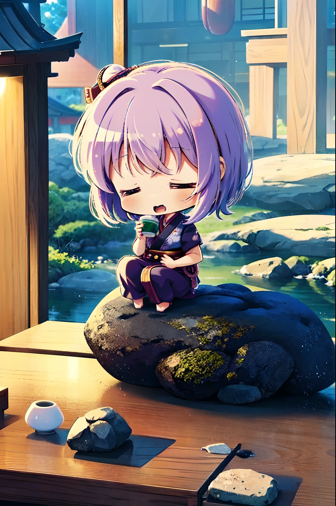 (chibi:1.3), deformed character, (sitting, seiza:1.3), drinking Japanese tea, Japanese style building, closed eyes, open mouth,