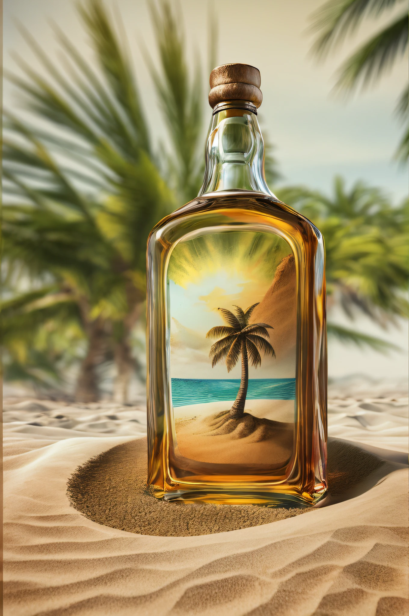 a photorealistic of picture of an empty bottle of an expensive Whiskey  buried in the sands of an island, a lone palm tree, skeletal hand near the bottle,  wavy sea background, best realistic, best details, best quality, 16k, [ultra detailed], masterpiece, best quality, (extremely detailed), ultra wide shot, photorealism, depth of field, hyper realistic painting, 3d rendering