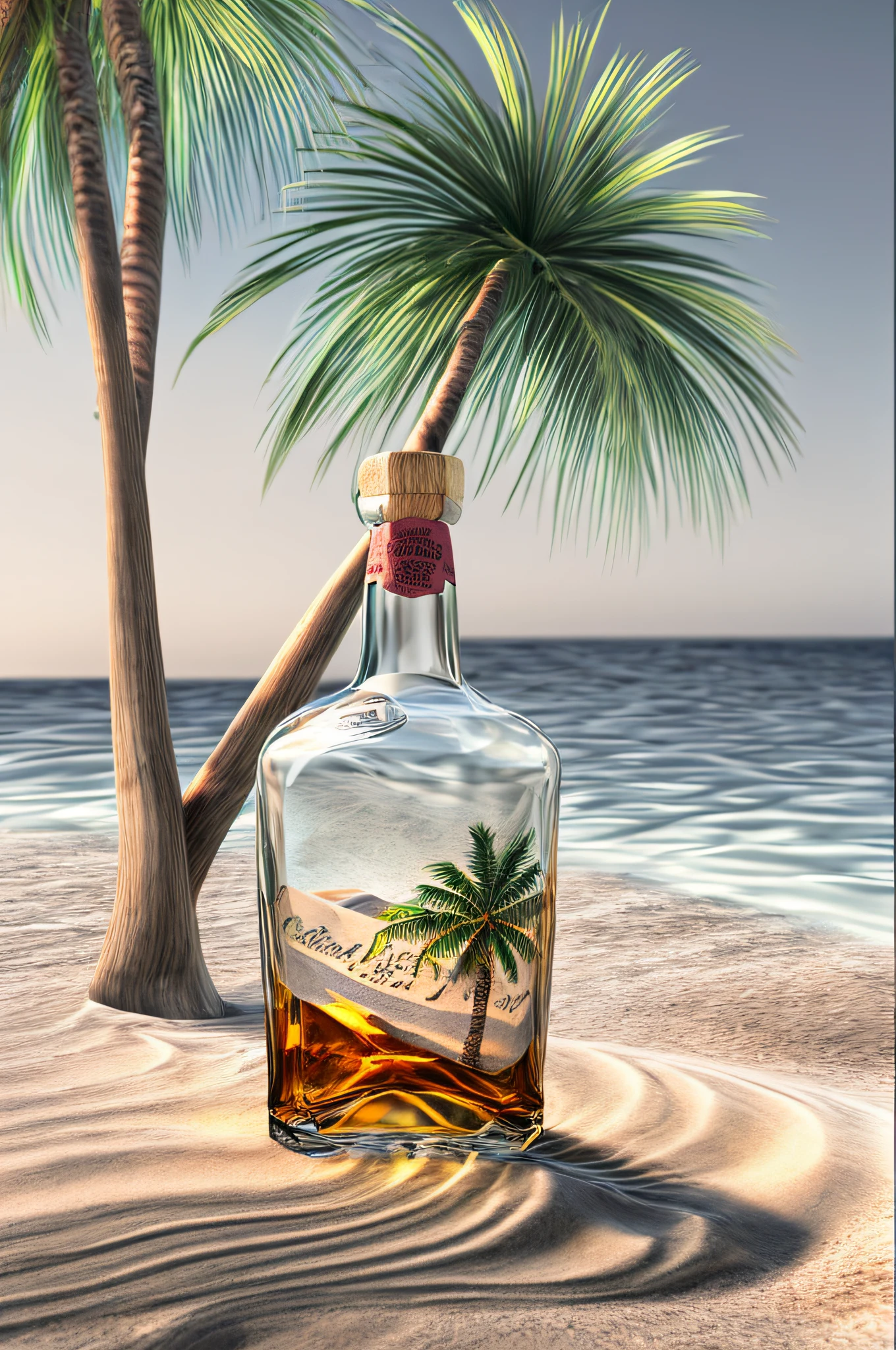 a photorealistic of picture of an empty bottle of an expensive Whiskey  buried in the sands of an island, a lone palm tree, skeletal hand near the bottle,  wavy sea background, best realistic, best details, best quality, 16k, [ultra detailed], masterpiece, best quality, (extremely detailed), ultra wide shot, photorealism, depth of field, hyper realistic painting, 3d rendering