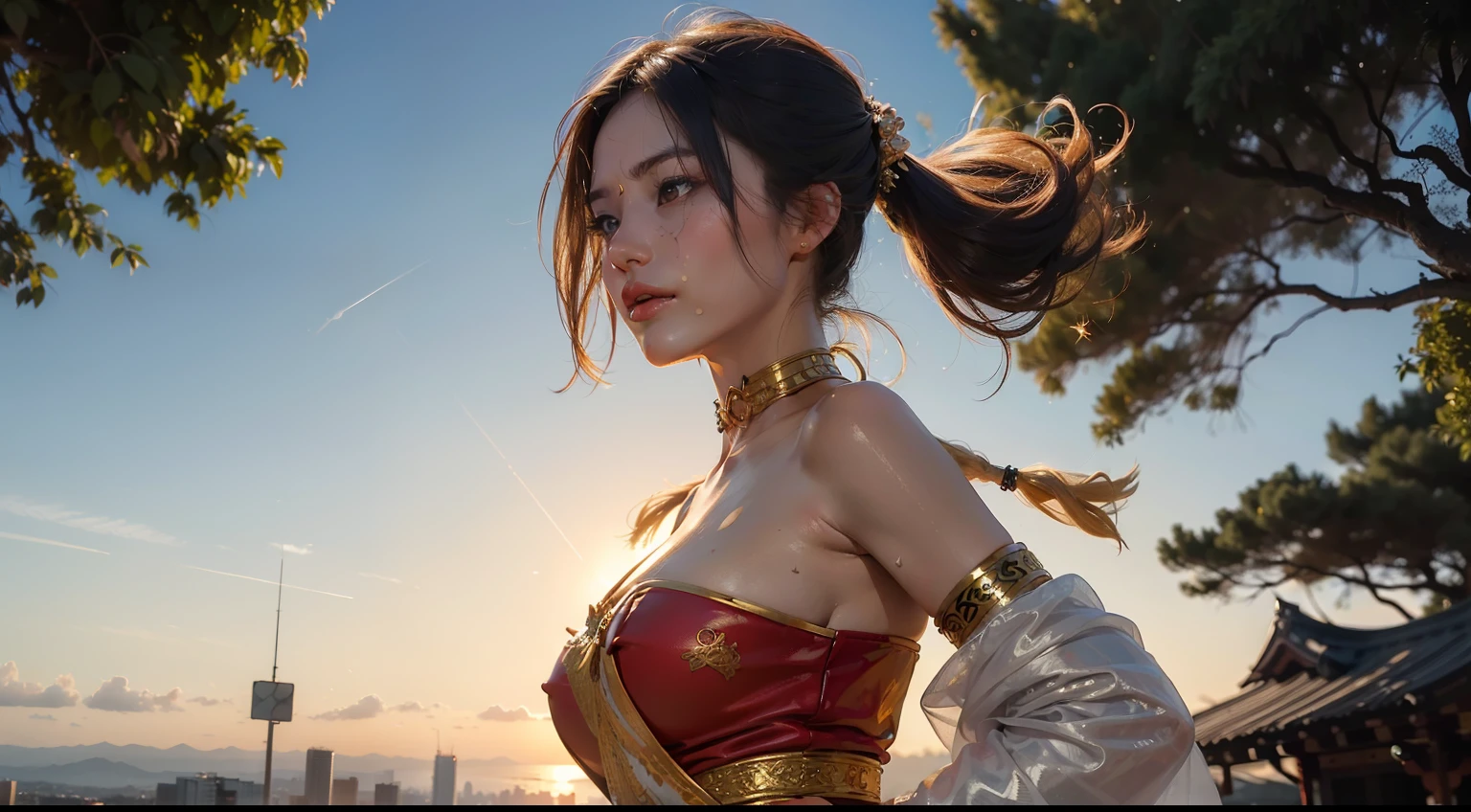 (((work of art, best qualityer: 1.2),13 year old girl , europeu , beautiful and symmetrical face, with bright red eyes, phoenix, lotus flowers, red rose gold, gold mini underwear, Mountain sunrise to the bottom, Ancient porcelain buildings)), small breasts nsfw