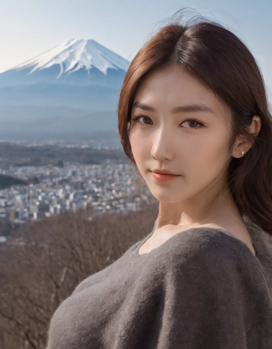 Tokyo, 1 woman ((upper body selfie, happy)), Fujiyama,the background is Mount Fuji,masterpiece, best quality, ultra-detailed, solo, outdoors,shadows, contrast,in Tokyo, clear sky, analog style (look at viewer:1.2) (skin texture) (film grain:1.3), (warm hue, warm tone:1.2), close up, cinematic light, sidelighting, ultra high res, best shadow, RAW, upper body, wearing pullover,Mt. Fuji has a graceful shape.