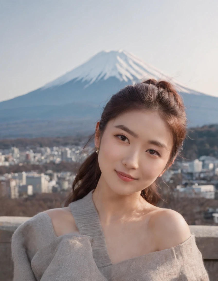 Tokyo, 1 woman ((upper body selfie, happy)), Fujiyama,the background is Mount Fuji,masterpiece, best quality, ultra-detailed, solo, outdoors,shadows, contrast,in Tokyo, clear sky, analog style (look at viewer:1.2) (skin texture) (film grain:1.3), (warm hue, warm tone:1.2), close up, cinematic light, sidelighting, ultra high res, best shadow, RAW, upper body, wearing pullover,Mt. Fuji has a graceful shape.