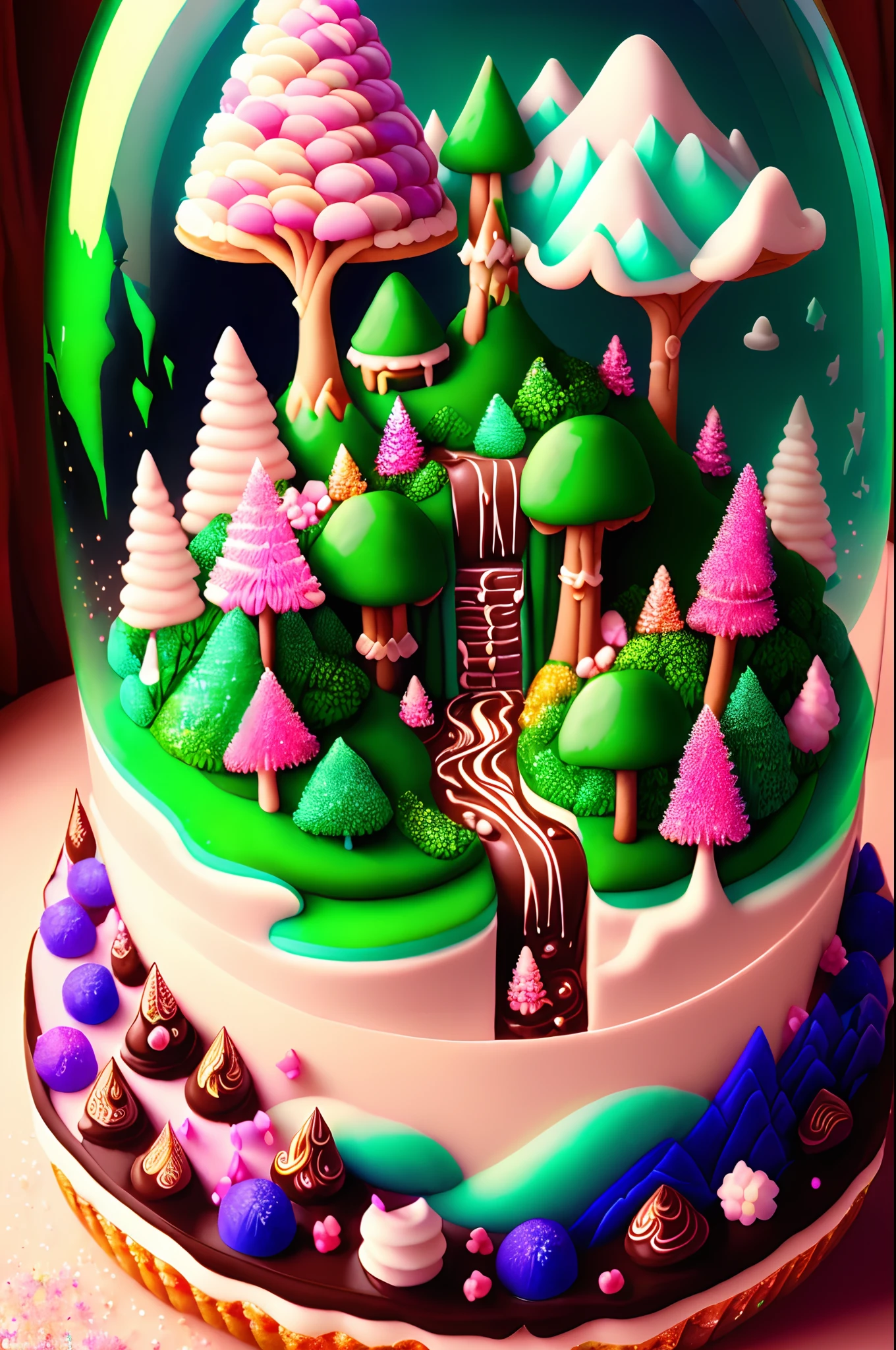 (masterpiece:1.2),(top-quality),8K,16k,ultra-detailliert,Highly detailed and colorful details,(Irridescent color:1.2),(Glowing lighting,Atmospheric illumination),Dreamy magic,Top resolution, An island made of sweets, Uncharted, Confectionery Forest, Mountains of sweets, Candy Tree, Chocolate Falls, Marshmallow Rock, Colorful, World of Sweets, dessert, Fairy tale, Marble Chocolate, River of Ju, Green A world without artifacts, Island without artifacts