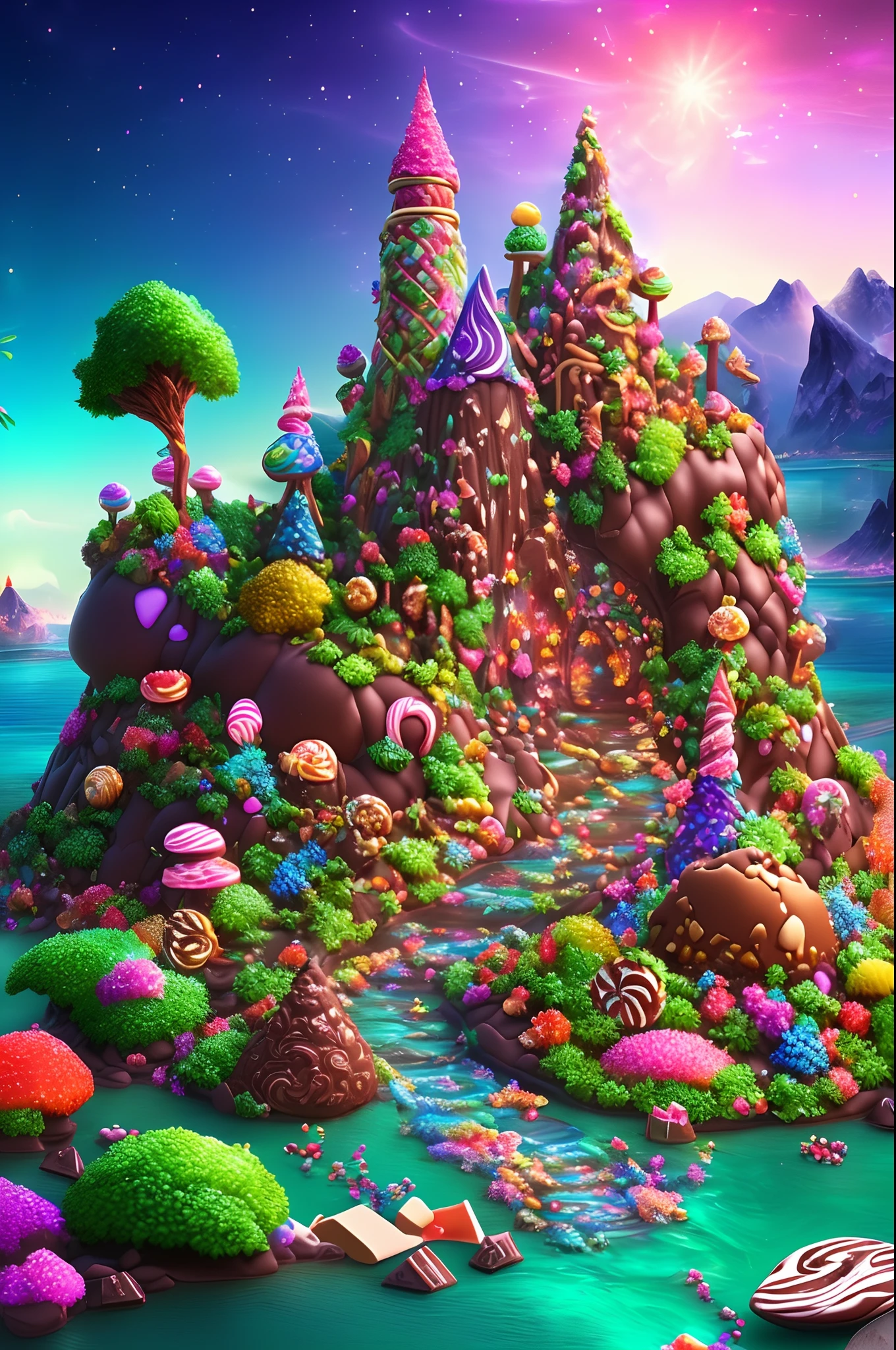 (masterpiece:1.2),(top-quality),8K,16k,ultra-detailliert,Highly detailed and colorful details,(Irridescent color:1.2),(Glowing lighting,Atmospheric illumination),Dreamy magic,Top resolution, An island made of sweets, Uncharted, Confectionery Forest, Mountains of sweets, Candy Tree, Chocolate Falls, Marshmallow Rock, Colorful, World of Sweets, dessert, Fairy tale, Marble Chocolate, River of Ju, Green A world without artifacts, Island without artifacts
