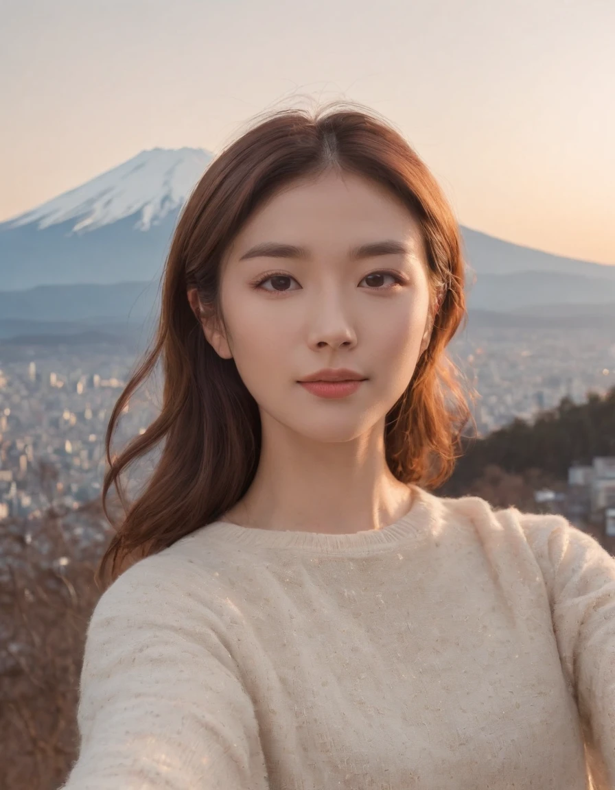 Tokyo, 1 woman ((upper body selfie, happy)), European and American girls,Fujiyama,the background is Mount Fuji,masterpiece, best quality, ultra-detailed, solo, outdoors,shadows, contrast,in Tokyo, clear sky, analog style (look at viewer:1.2) (skin texture) (film grain:1.3), (warm hue, warm tone:1.2), close up, cinematic light, sidelighting, ultra high res, best shadow, RAW, upper body, wearing pullover,Mt. Fuji has a graceful shape.