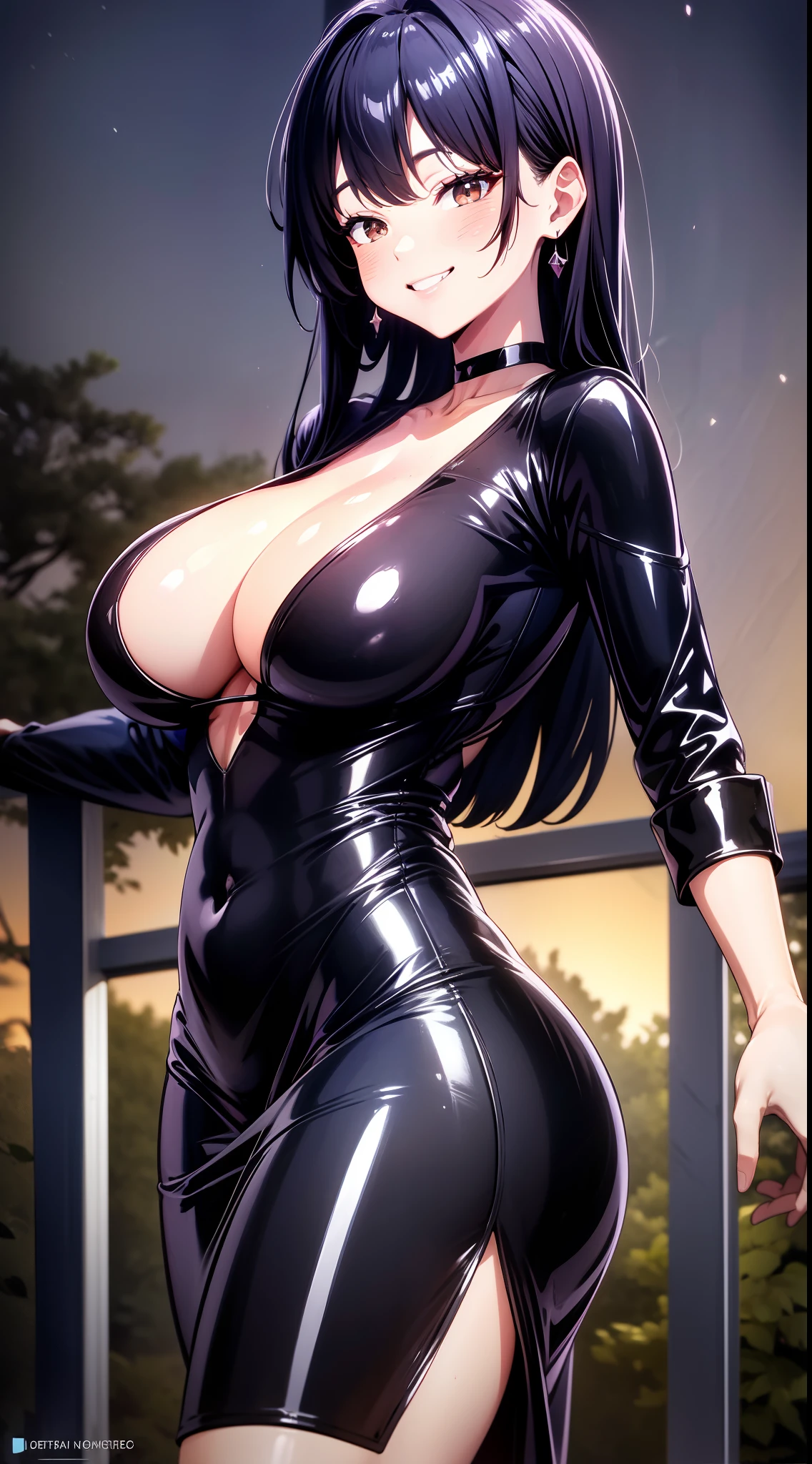 8k, highres, ultra detailed, (masterpiece:1.4), best quality, symmetrical body, (latex dress with deep v-neckline:1.4), choker, cute, solo, earrings long hair, dark purple hair, Brown eyes, glow effect, finely eye, grinning, wide smile, detailed face, looking at viewer, smilling at viewer, in the park at night, angled view, medium size breasts, teasing