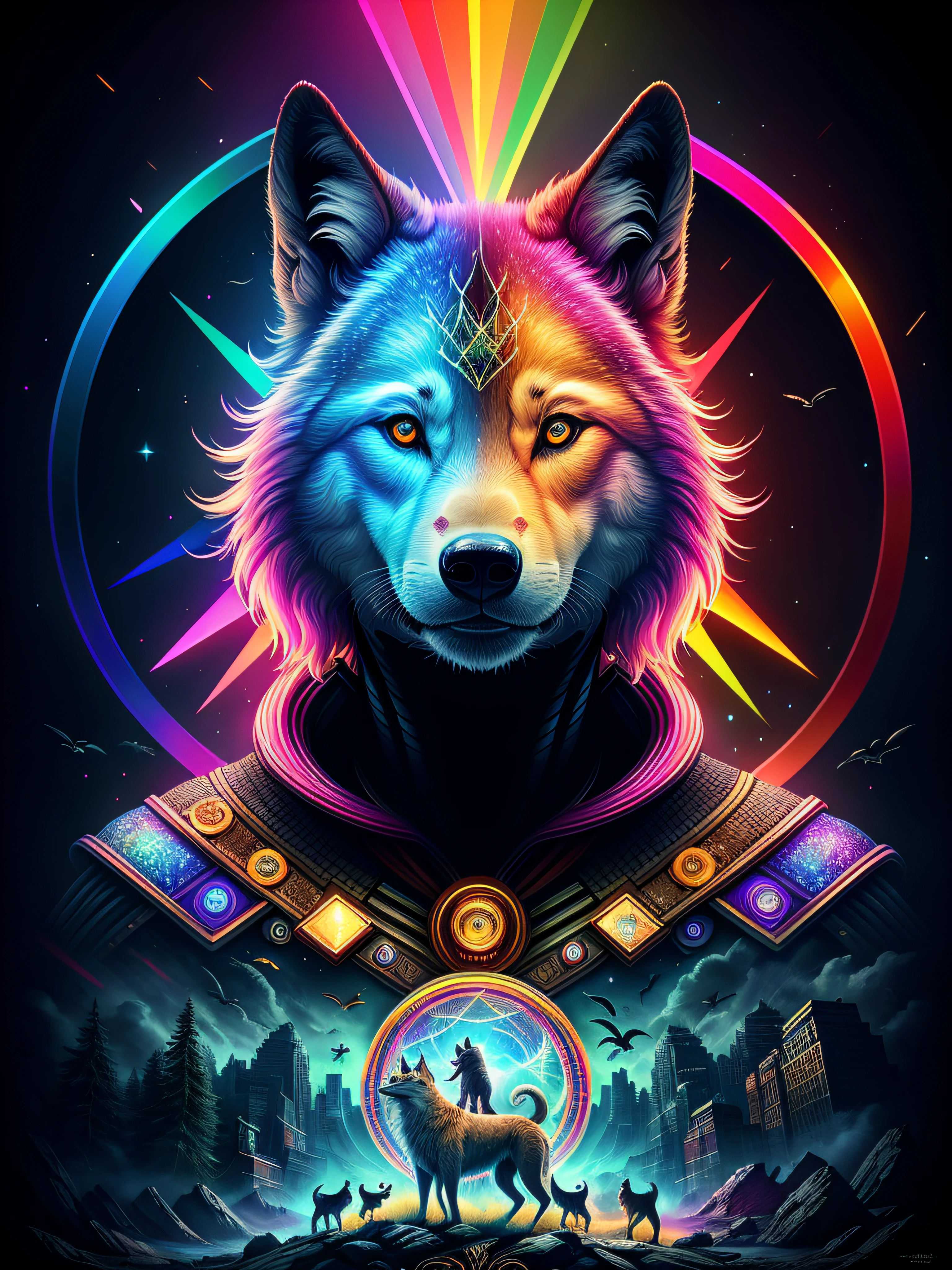 in the style of 0mib, Inspiring wolves, Serious expression, Prismatic fragments, Fractal circle, striking colors, pondering, whirly, Dramatic lighting, High quality, goodlooking, Masterpiece