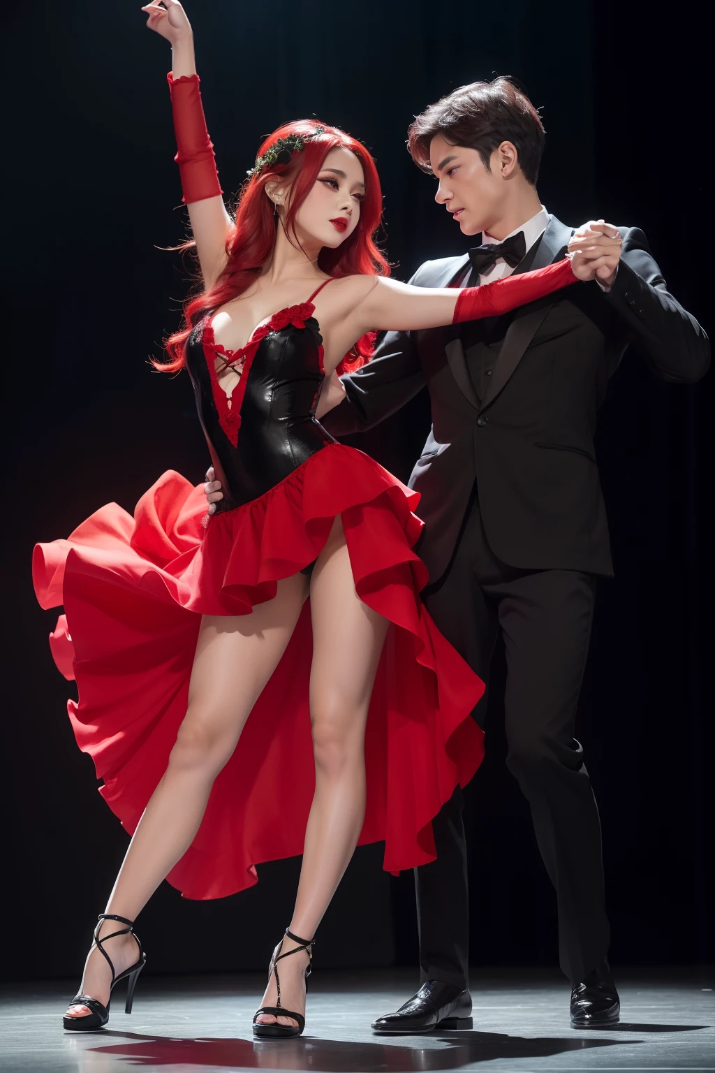 masuter piece、Tango Dancer、On stage、Sexy costume、Bright red flower hair ornament、Red and black long dress with slit detailed face、full body wide shot