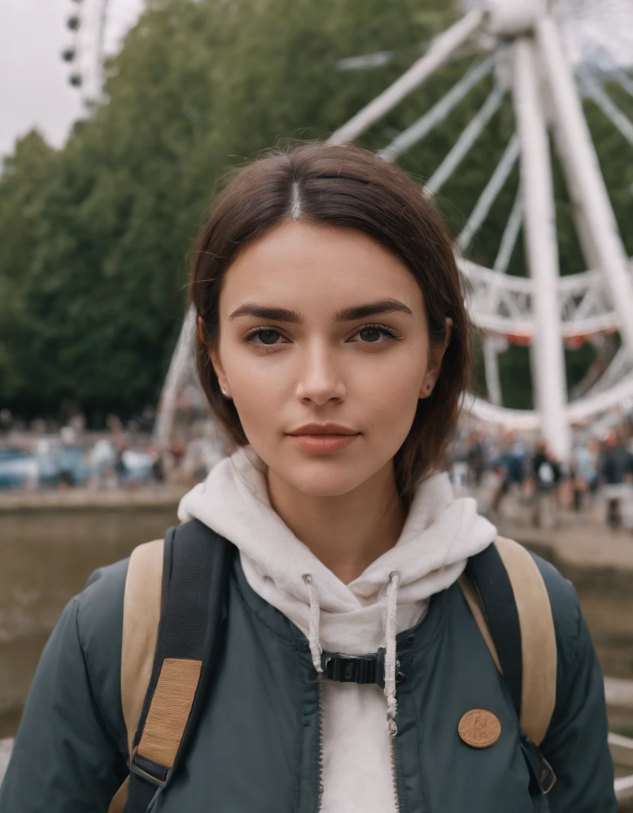Hiker, in the style of rap aesthetics, girl，London, England， make for a memorable photo.  The background is  London Eye, a giant Ferris wheel.  photo taken with fujifilm superia, charly amani, oversized portraits, babycore, upper body