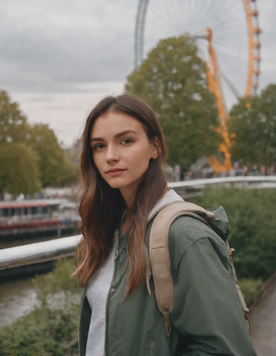 Hiker, in the style of rap aesthetics, girl，London, England， make for a memorable photo.  The background is  London Eye, a giant Ferris wheel.  photo taken with fujifilm superia, charly amani, oversized portraits, babycore, upper body