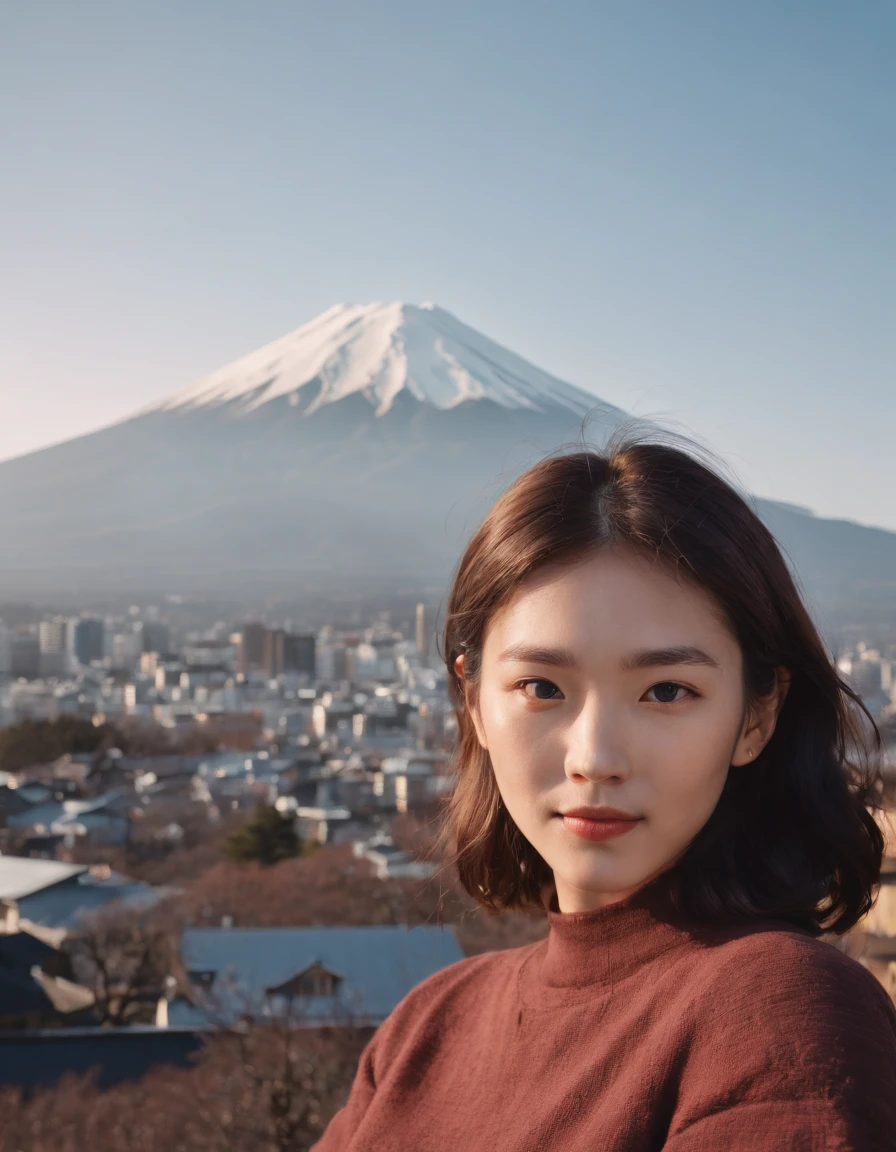 Tokyo, 1 woman ((upper body selfie, happy)), European girls，Fujiyama,the background is Mount Fuji，masterpiece, best quality, ultra-detailed, solo, outdoors,shadows, contrast,in Tokyo, clear sky, analog style (look at viewer:1.2) (skin texture) (film grain:1.3), (warm hue, warm tone:1.2), close up, cinematic light, sidelighting, ultra high res, best shadow, RAW, upper body, wearing pullover,Mt. Fuji has a graceful shape，(Canon EOS 5D Mark IV Camera, Famous for capturing vibrant colors and rich textures:1.2)