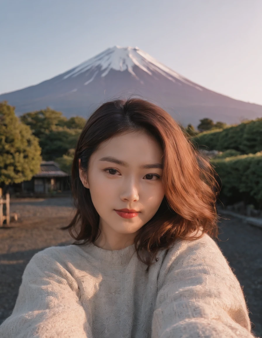 Tokyo, 1 woman ((upper body selfie, happy)), European girls,Fujiyama,the background is Mount Fuji,masterpiece, best quality, ultra-detailed, solo, outdoors,shadows, contrast,in Tokyo, clear sky, analog style (look at viewer:1.2) (skin texture) (film grain:1.3), (warm hue, warm tone:1.2), close up, cinematic light, sidelighting, ultra high res, best shadow, RAW, upper body, wearing pullover,Mt. Fuji has a graceful shape,(Canon EOS 5D Mark IV Camera, Famous for capturing vibrant colors and rich textures:1.2)