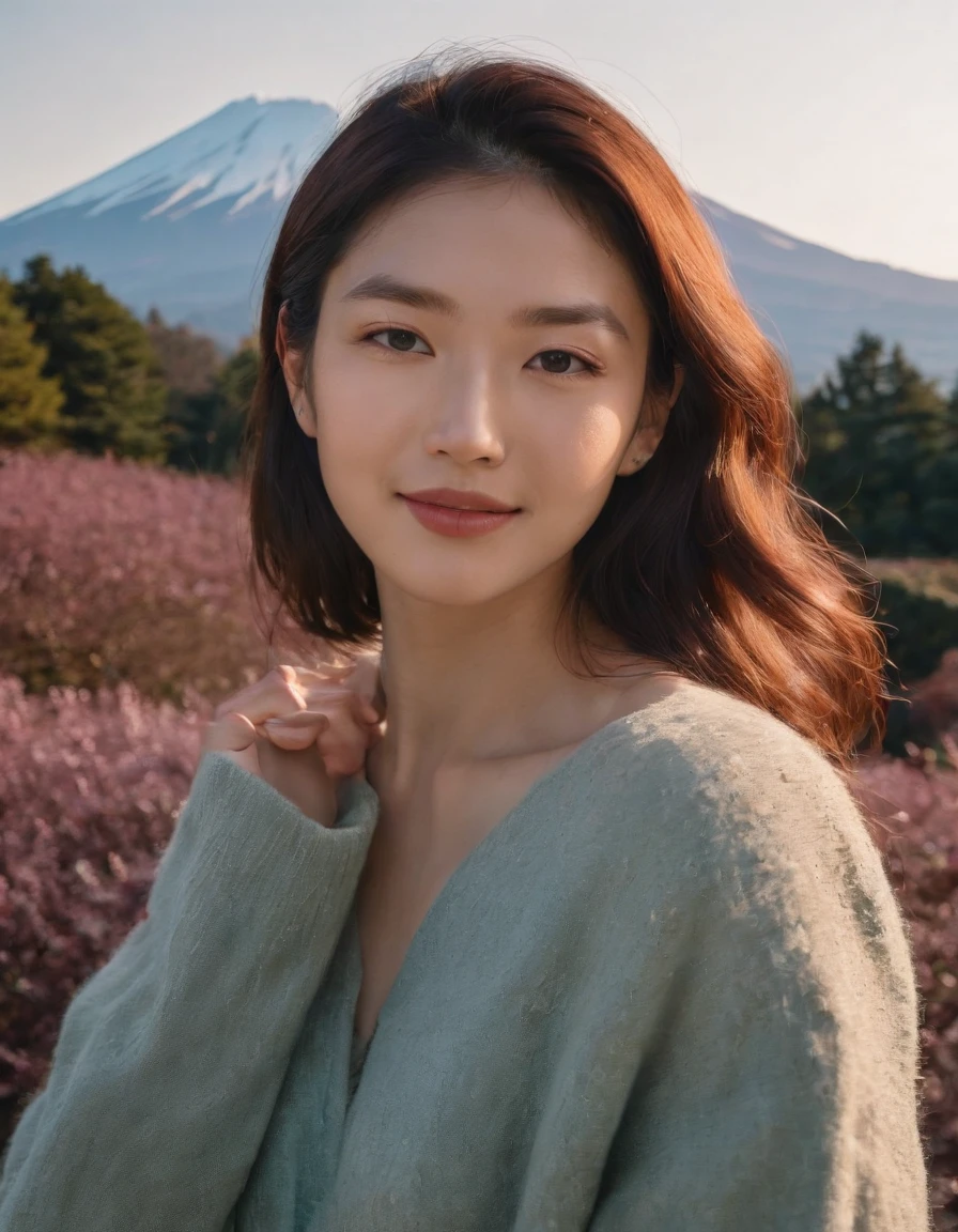 Tokyo, 1 woman ((upper body selfie, happy)), European girls,Fujiyama,the background is Mount Fuji,masterpiece, best quality, ultra-detailed, solo, outdoors,shadows, contrast,in Tokyo, clear sky, analog style (look at viewer:1.2) (skin texture) (film grain:1.3), (warm hue, warm tone:1.2), close up, cinematic light, sidelighting, ultra high res, best shadow, RAW, upper body, wearing pullover,Mt. Fuji has a graceful shape,(Canon EOS 5D Mark IV Camera, Famous for capturing vibrant colors and rich textures:1.2)