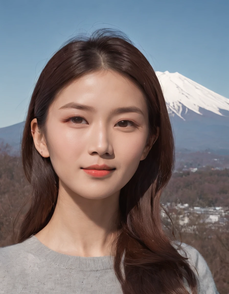 Tokyo, 1 woman ((upper body selfie, happy)),Fujiyama,the background is Mount Fuji，masterpiece, best quality, ultra-detailed, solo, outdoors,shadows, contrast,in Tokyo, clear sky, analog style (look at viewer:1.2) (skin texture) (film grain:1.3), (warm hue, warm tone:1.2), close up, cinematic light, sidelighting, ultra high res, best shadow, RAW, upper body, wearing pullover,Mt. Fuji has a graceful shape，(Canon EOS 5D Mark IV Camera, Famous for capturing vibrant colors and rich textures:1.2)