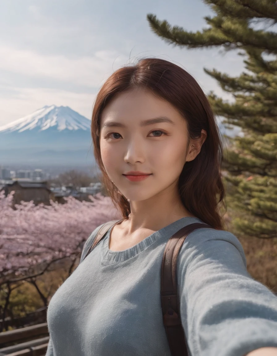 Tokyo, 1 woman ((upper body selfie, happy)),Fujiyama,the background is Mount Fuji,masterpiece, best quality, ultra-detailed, solo, outdoors,shadows, contrast,in Tokyo, clear sky, analog style (look at viewer:1.2) (skin texture) (film grain:1.3), (warm hue, warm tone:1.2), close up, cinematic light, sidelighting, ultra high res, best shadow, RAW, upper body, wearing pullover,Mt. Fuji has a graceful shape,(Canon EOS 5D Mark IV Camera, Famous for capturing vibrant colors and rich textures:1.2)