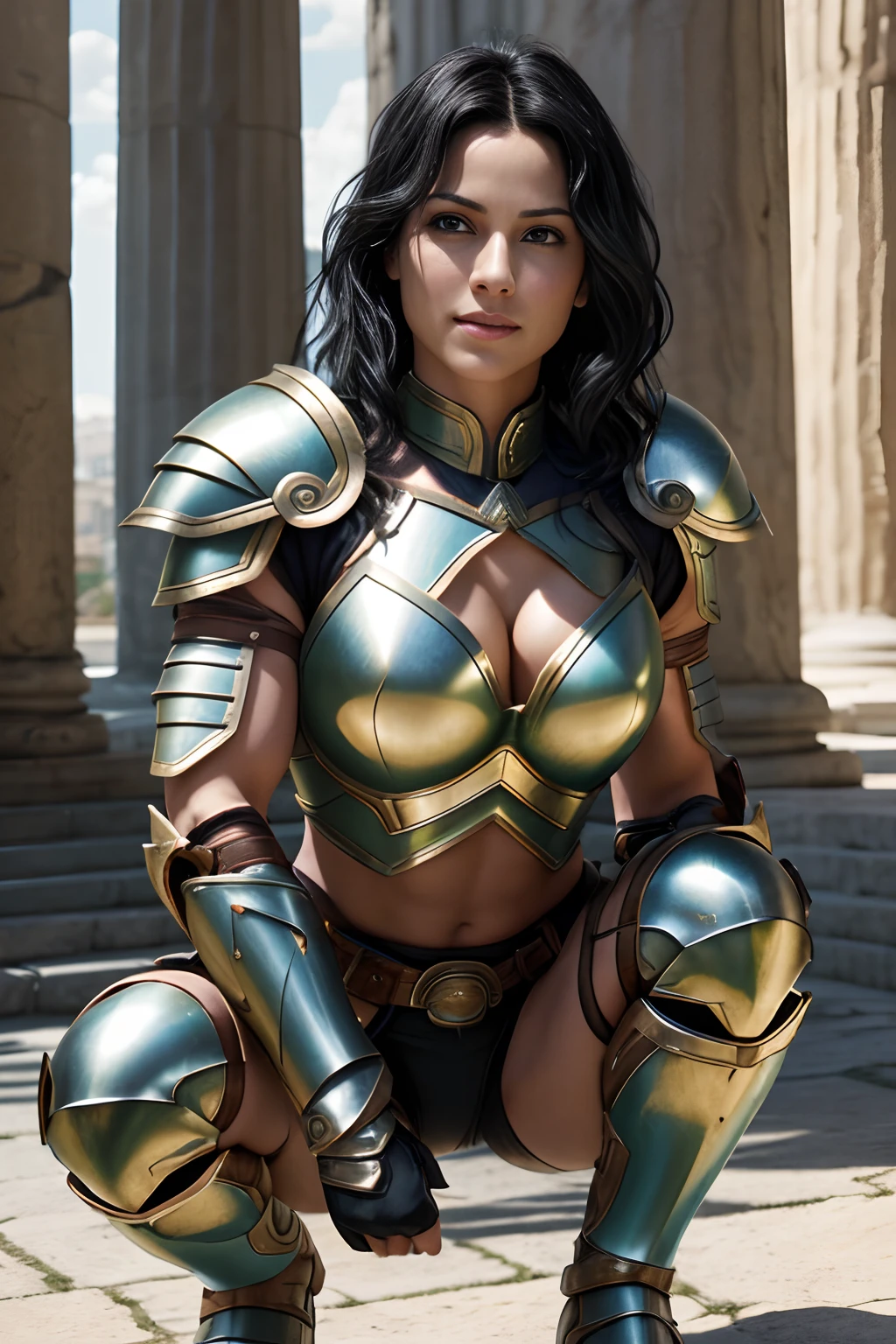 Camera Eyes:1.3, (Highest Quality:1.4), (Best Ever), (Ultra High Quality), (Ultra Realistic 8K CG), Official Art, Dynamic Pose, Crouching, Female Gladiator, Beautiful Young Female Warrior, Forehead Pad, (Alyssa Sutherland:Janeane Garofalo:0.5), Amazingly Beautiful face, Armor and gauntlets, (Short black hair:1.2), Messy hair, Muscular_body:1.4, (Chiseled metal breastplate), Tight chest, White skin, (Tight abs), Tight thighs, Ancient Roman city background, Sunlight creates beautiful gradation of shadows and (light colors, light colors, light tones:1.3), low saturation, (hyperdetail:1.2), perfect anatomy, shining eyes, (facing camera), smiling:1.3,
