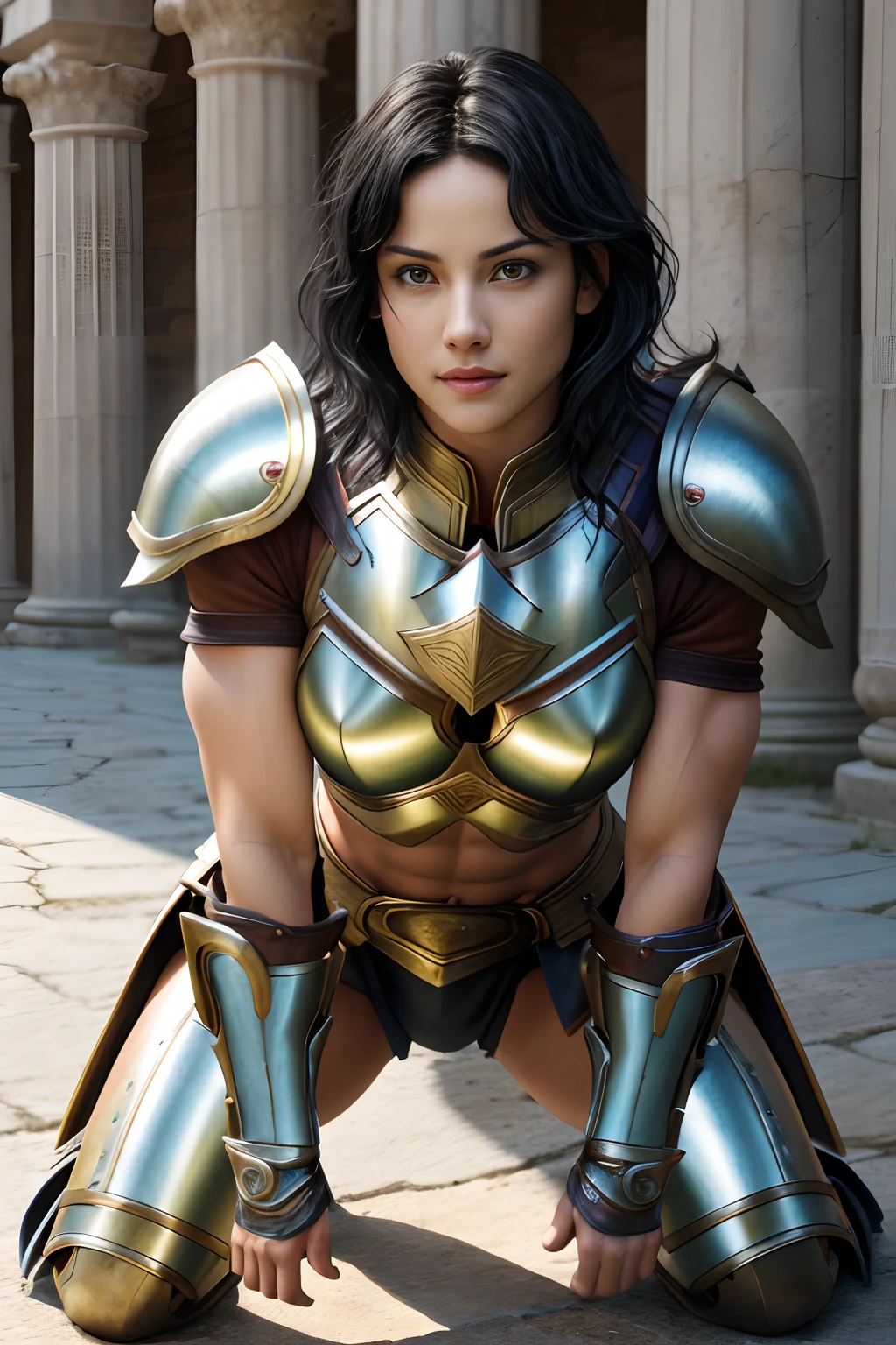 Camera Eyes:1.3, (Highest Quality:1.4), (Best Ever), (Ultra High Quality), (Ultra Realistic 8K CG), Official Art, Dynamic Pose, Crouching, Female Gladiator, Beautiful Young Female Warrior, Forehead Pad, (Alyssa Sutherland:Janeane Garofalo:0.5), Amazingly Beautiful face, Armor and gauntlets, (Short black hair:1.2), Messy hair, Muscular_body:1.4, (Chiseled metal breastplate), Tight chest, White skin, (Tight abs), Tight thighs, Ancient Roman city background, Sunlight creates beautiful gradation of shadows and (light colors, light colors, light tones:1.3), low saturation, (hyperdetail:1.2), perfect anatomy, shining eyes, (facing camera), smiling:1.3,