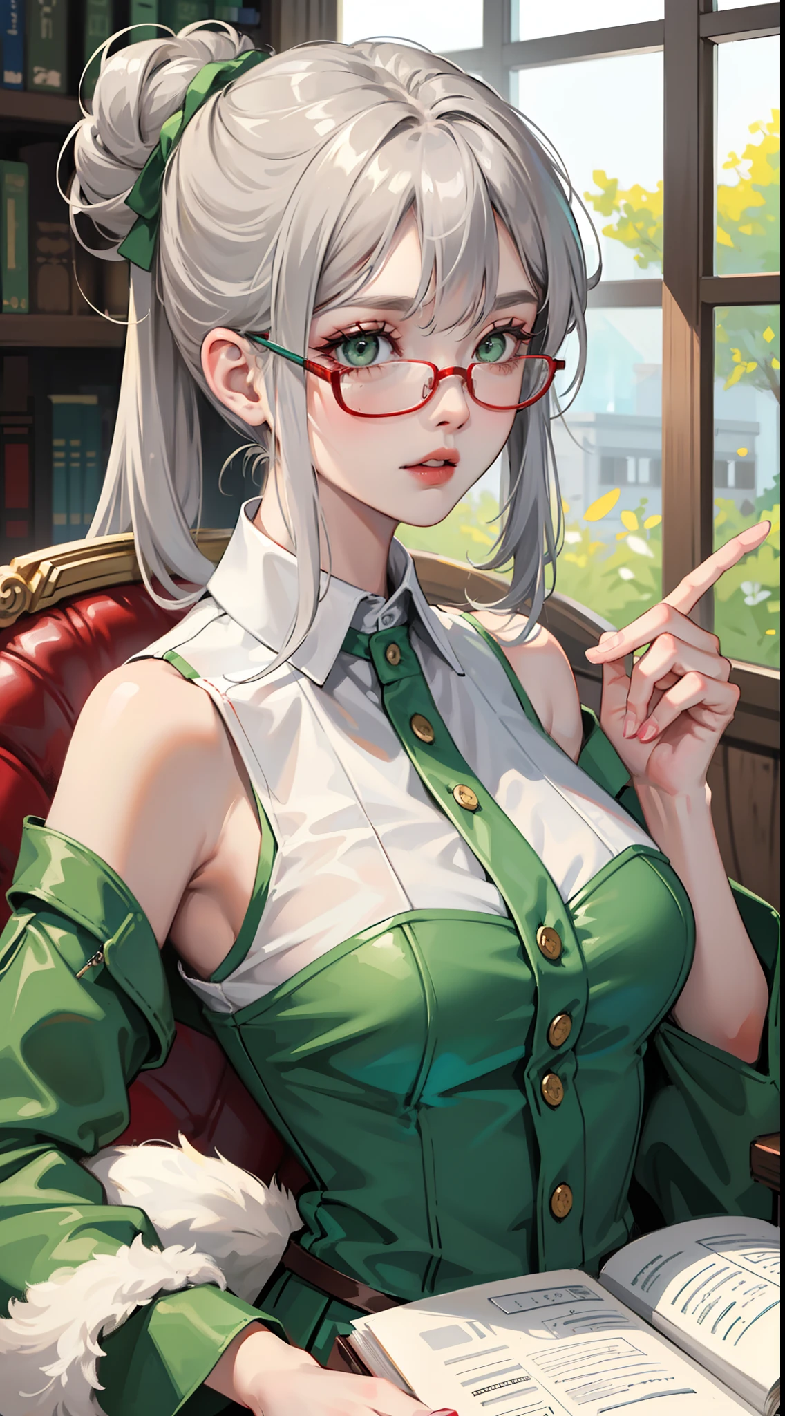 young girl, Gray hair in one bun, Green eyes, red glasses, Green Science Dress, White Elements, Sleeveless, open breasts, book, Masterpiece, hiquality, high detail, HD, 4k