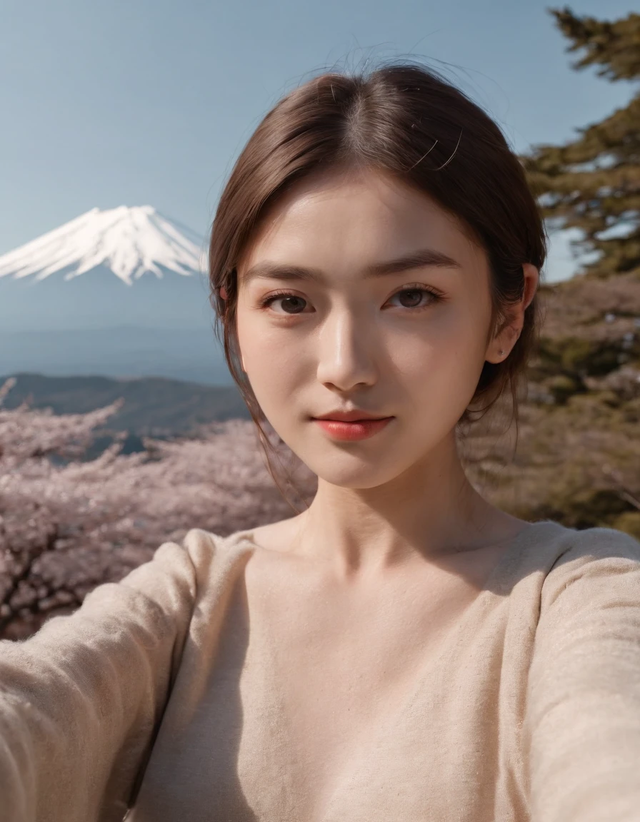 Tokyo, 1 woman ((upper body selfie, happy)), European and American girls,Fujiyama,the background is Mount Fuji,masterpiece, best quality, ultra-detailed, solo, outdoors,shadows, contrast,in Tokyo, clear sky, analog style (look at viewer:1.2) (skin texture) (film grain:1.3), (warm hue, warm tone:1.2), close up, cinematic light, sidelighting, ultra high res, best shadow, RAW, upper body, wearing pullover,Mt. Fuji has a graceful shape.