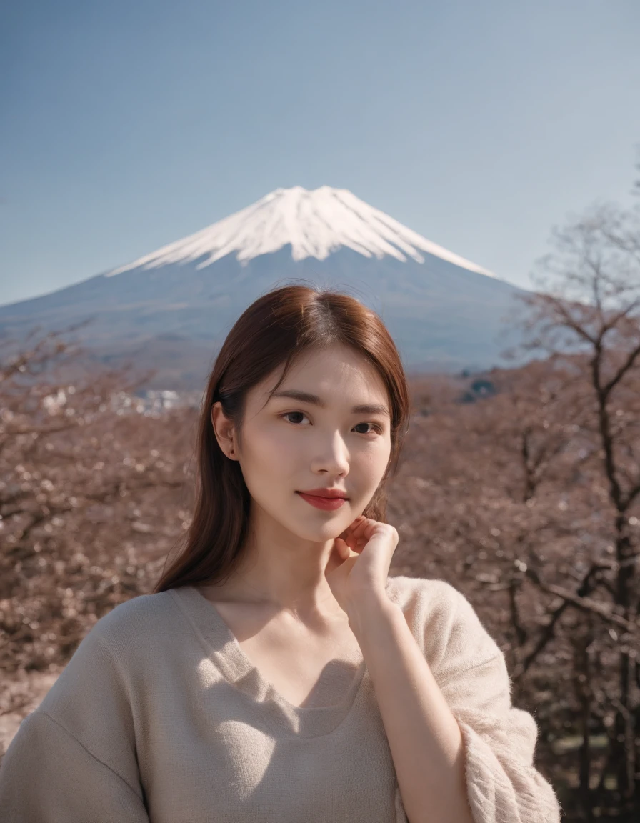 Tokyo, 1 woman ((upper body selfie, happy)), European and American girls,Fujiyama,the background is Mount Fuji,masterpiece, best quality, ultra-detailed, solo, outdoors,shadows, contrast,in Tokyo, clear sky, analog style (look at viewer:1.2) (skin texture) (film grain:1.3), (warm hue, warm tone:1.2), close up, cinematic light, sidelighting, ultra high res, best shadow, RAW, upper body, wearing pullover,Mt. Fuji has a graceful shape.