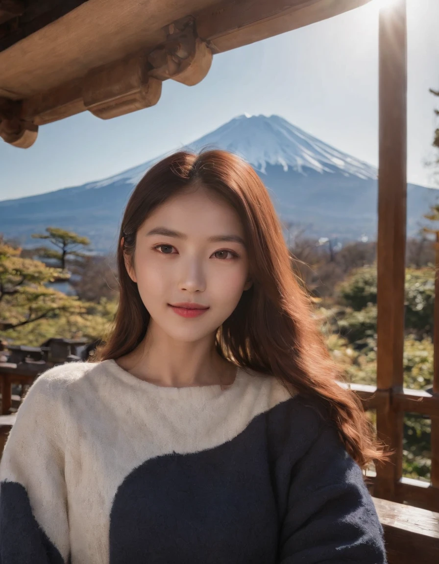 Tokyo, 1 woman ((upper body selfie, happy)),Fujiyama,the background is Mount Fuji，masterpiece, best quality, ultra-detailed, solo, outdoors,shadows, contrast,in Tokyo, clear sky, analog style (look at viewer:1.2) (skin texture) (film grain:1.3), (warm hue, warm tone:1.2), close up, cinematic light, sidelighting, ultra high res, best shadow, RAW, upper body, wearing pullover,Mt. Fuji has a graceful shape，(Canon EOS 5D Mark IV Camera, Famous for capturing vibrant colors and rich textures:1.2)