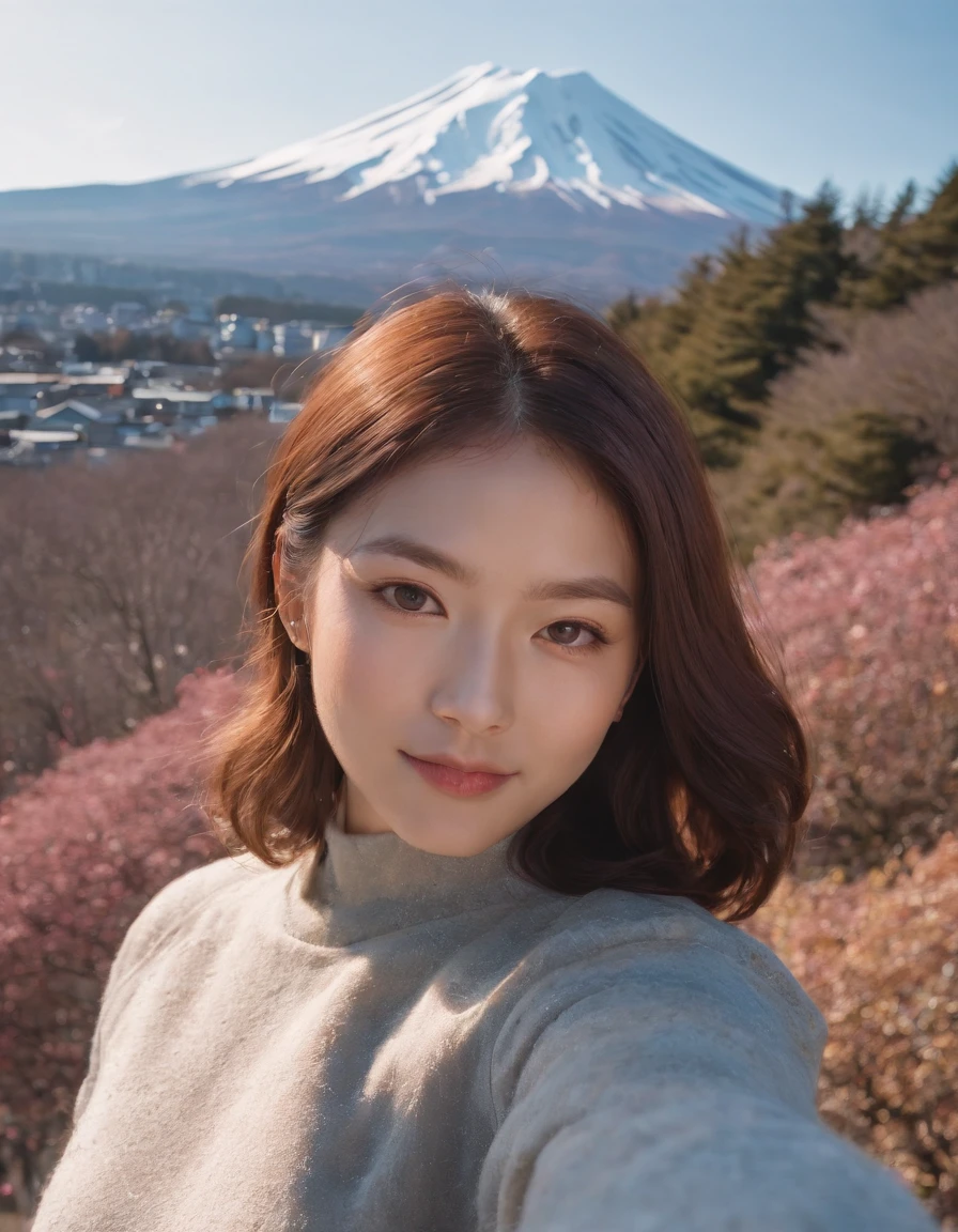 Tokyo, 1 woman ((upper body selfie, happy)),Fujiyama,the background is Mount Fuji，masterpiece, best quality, ultra-detailed, solo, outdoors,shadows, contrast,in Tokyo, clear sky, analog style (look at viewer:1.2) (skin texture) (film grain:1.3), (warm hue, warm tone:1.2), close up, cinematic light, sidelighting, ultra high res, best shadow, RAW, upper body, wearing pullover,Mt. Fuji has a graceful shape，(Canon EOS 5D Mark IV Camera, Famous for capturing vibrant colors and rich textures:1.2)