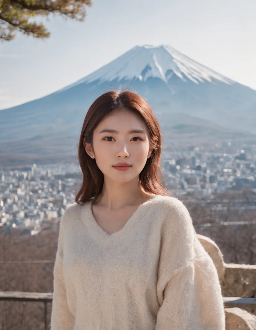 Tokyo, 1 woman ((upper body selfie, happy)),Fujiyama,the background is Mount Fuji,masterpiece, best quality, ultra-detailed, solo, outdoors,shadows, contrast,in Tokyo, clear sky, analog style (look at viewer:1.2) (skin texture) (film grain:1.3), (warm hue, warm tone:1.2), close up, cinematic light, sidelighting, ultra high res, best shadow, RAW, upper body, wearing pullover,Mt. Fuji has a graceful shape,(Canon EOS 5D Mark IV Camera, Famous for capturing vibrant colors and rich textures:1.2)