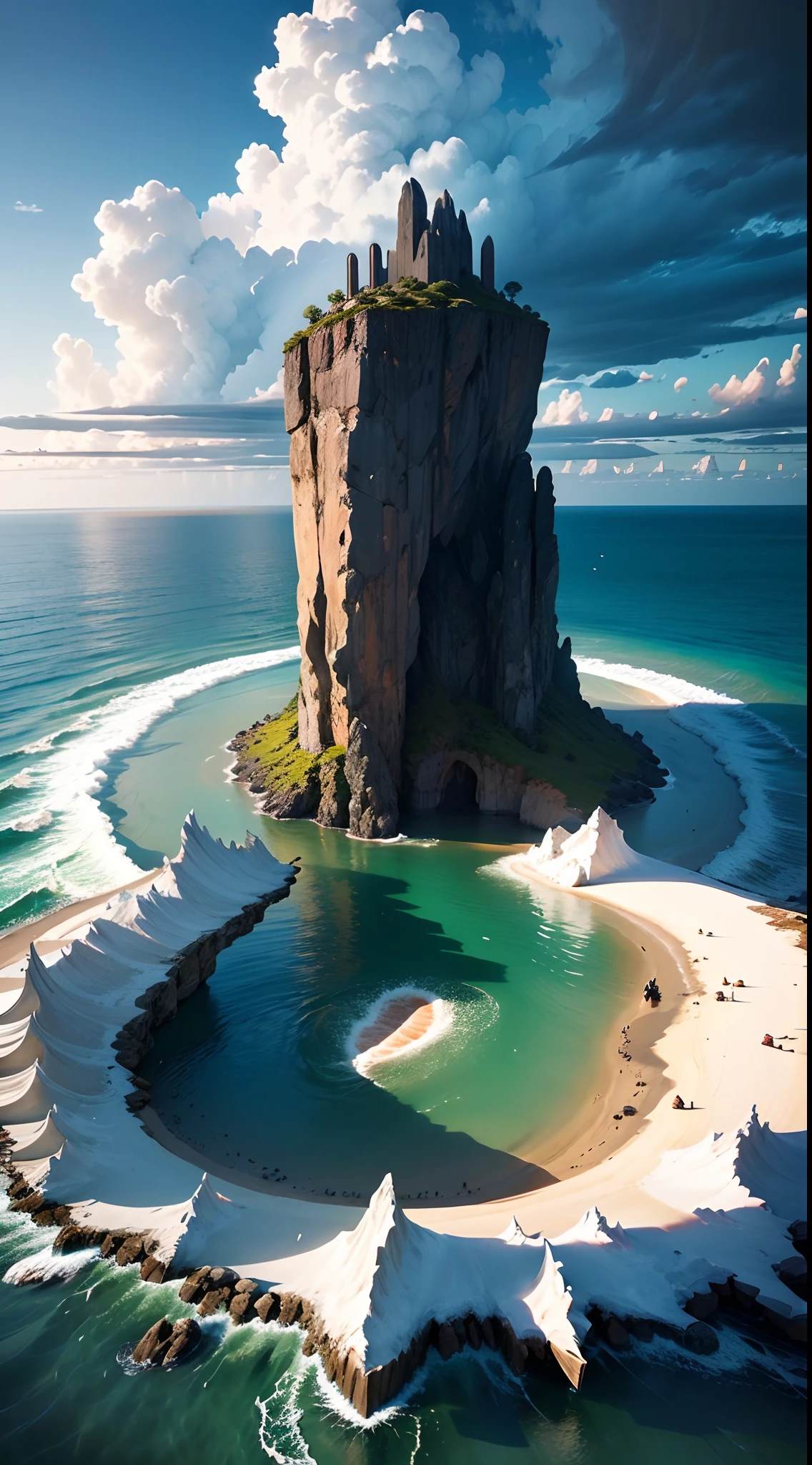 Image of a solid rock island in the middle of a raging ocean, representing the unshakable rock; Desert island, ciel noir et chaotique