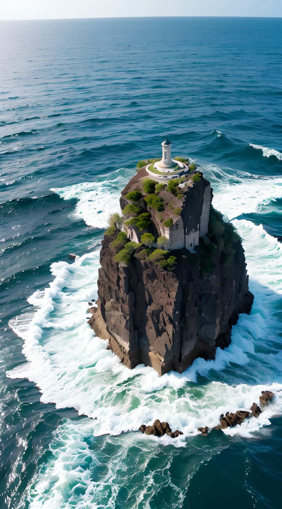 Image of a solid rock island in the middle of a raging ocean, representing the unshakable rock; Desert island, ciel noir et chaotique